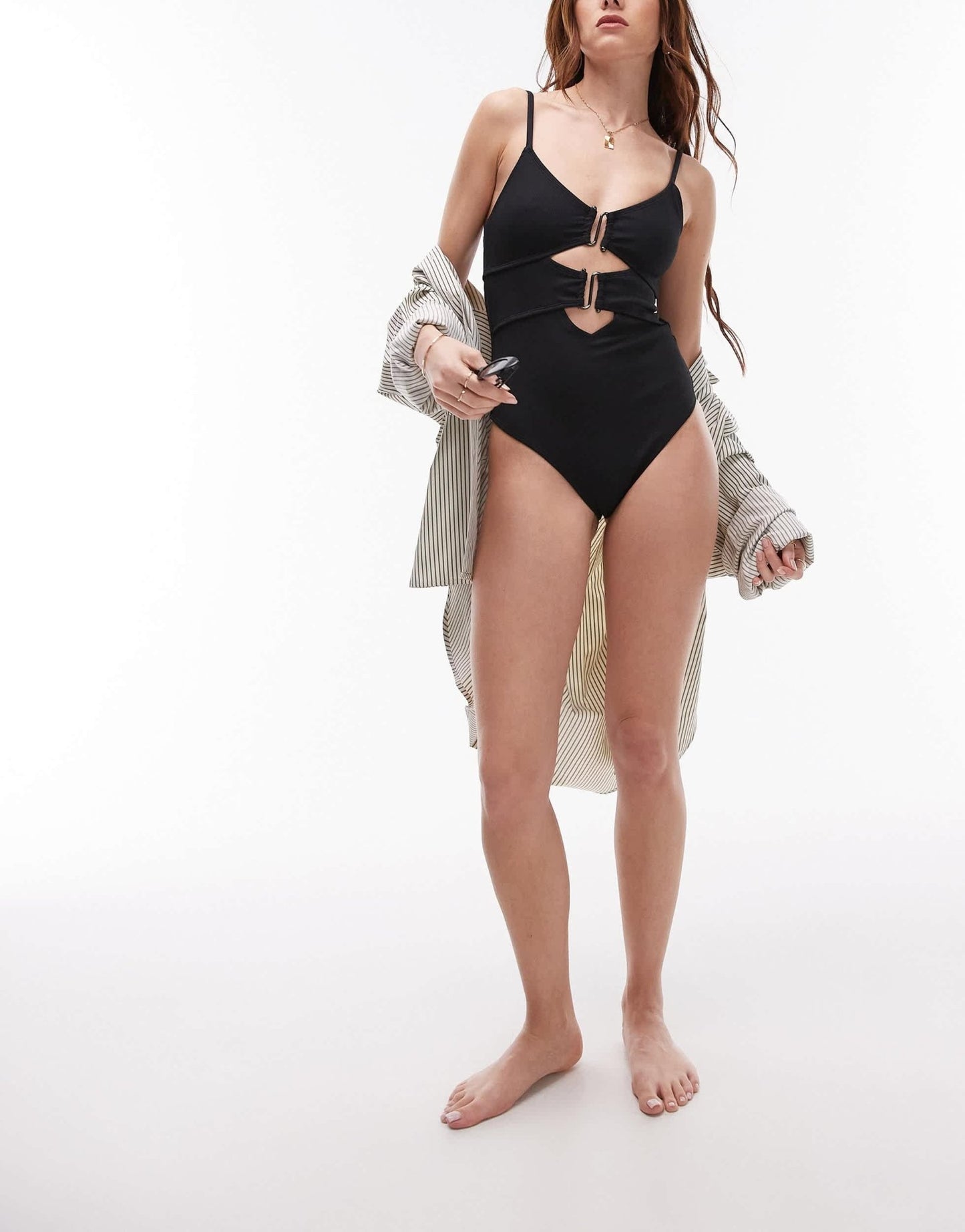 Topshop rib cut out swimsuit with metal trim in black - ASOS Sample Sale EU Store