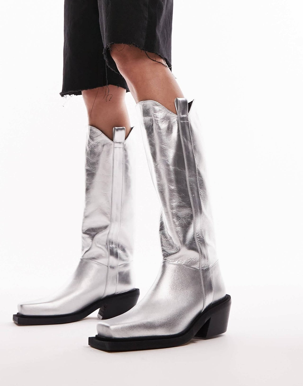 Topshop Rose premium leather western knee high boots in silver - ASOS Sample Sale EU Store