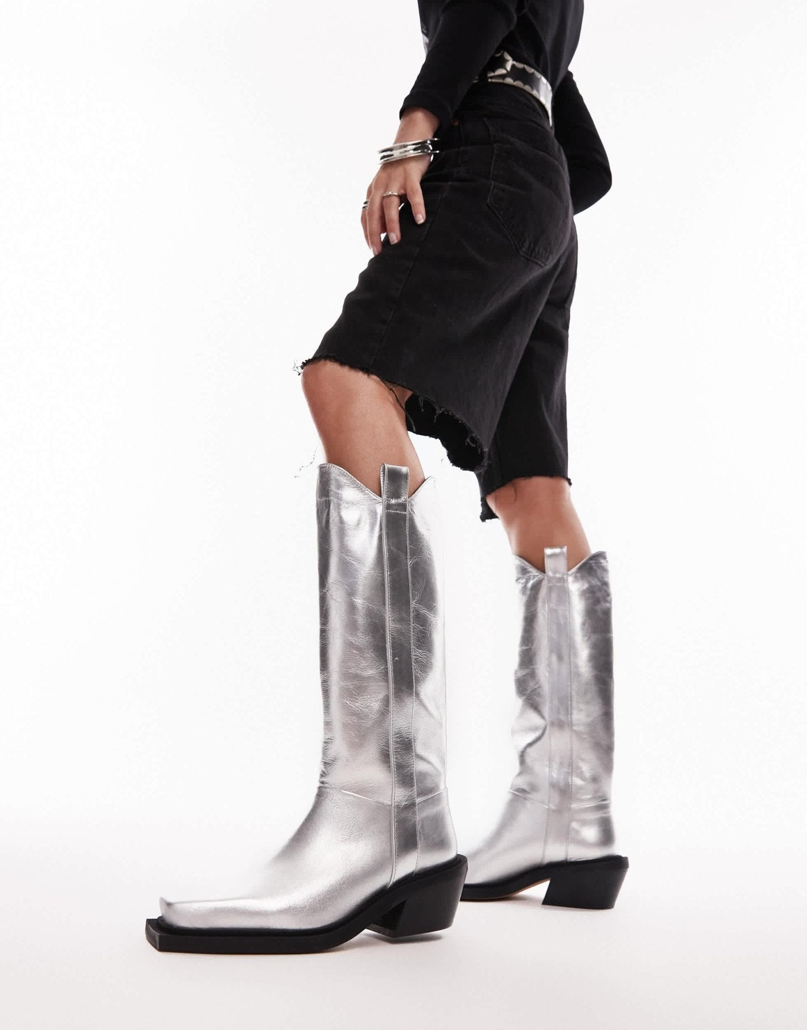 Topshop Rose premium leather western knee high boots in silver - ASOS Sample Sale EU Store