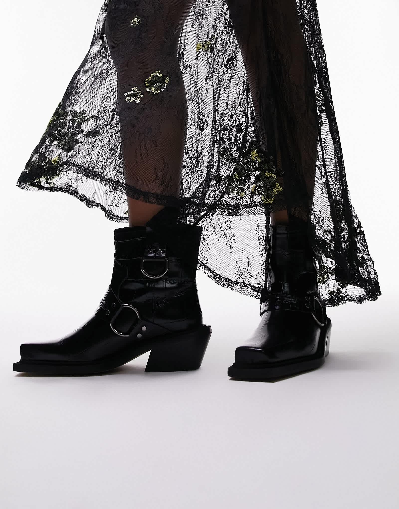 Topshop Roxy premium leather western biker boot in black croc - ASOS Sample Sale EU Store
