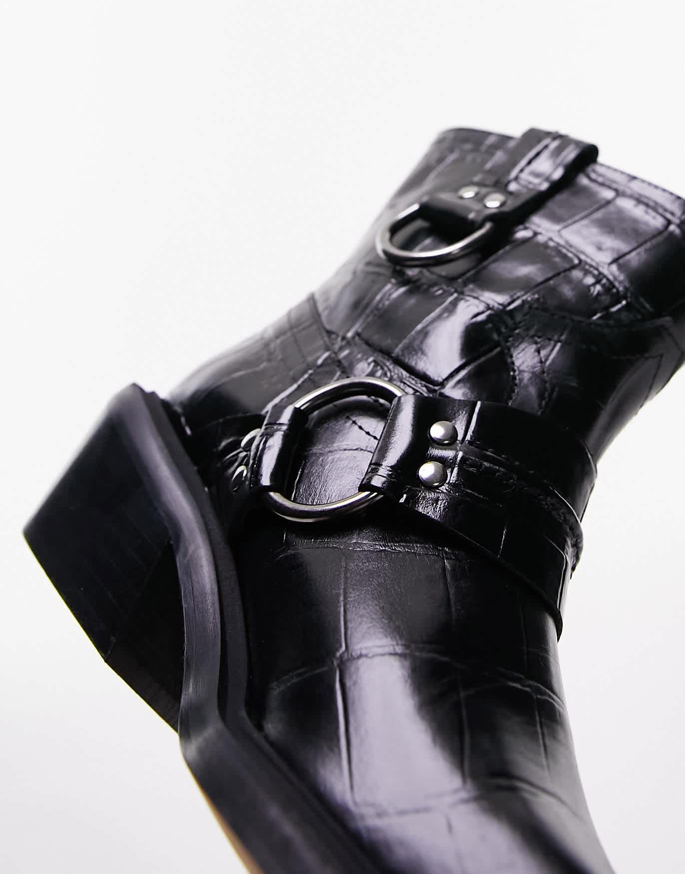 Topshop Roxy premium leather western biker boot in black croc - ASOS Sample Sale EU Store