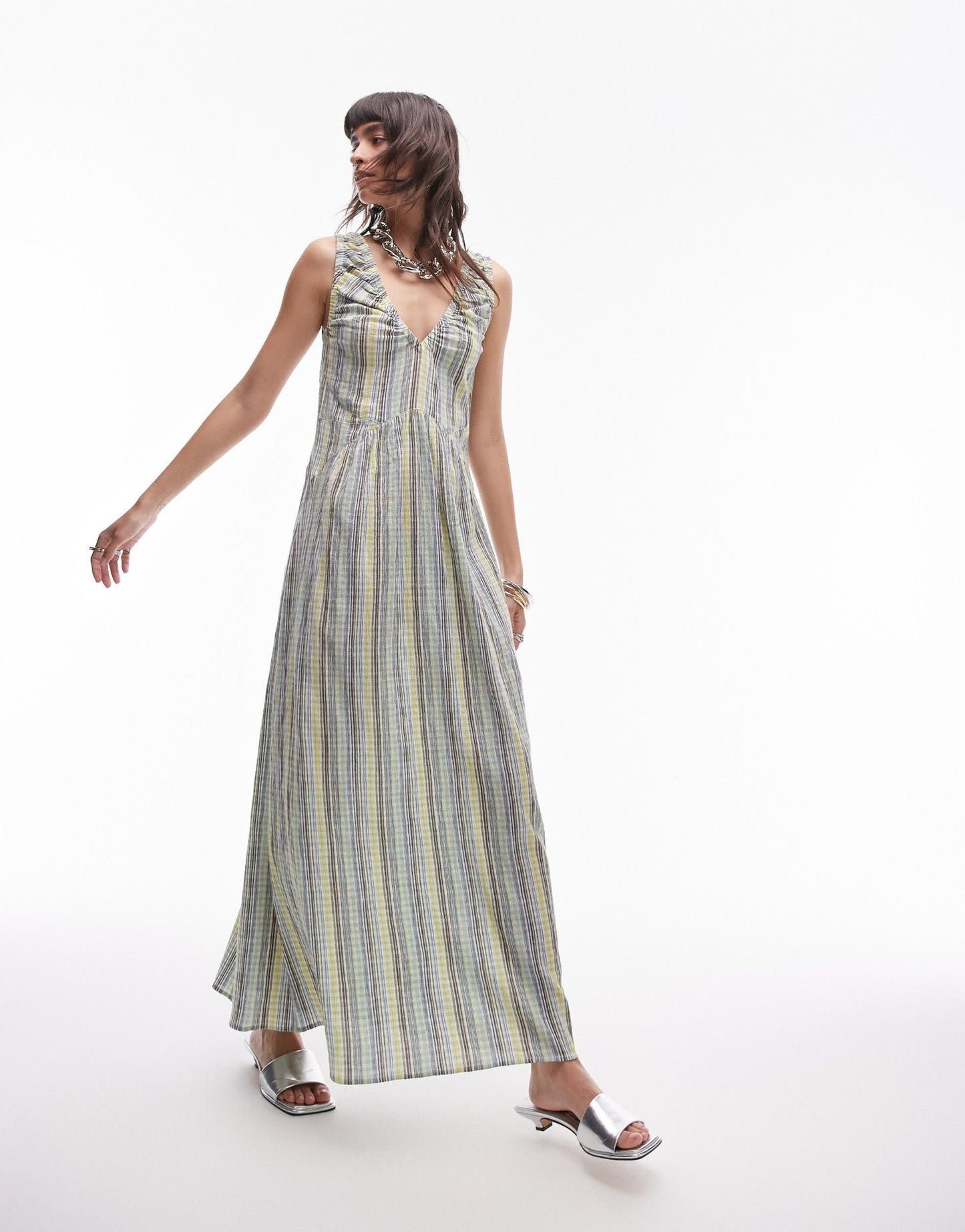 Topshop ruched neck maxi dress in green stripe - ASOS Sample Sale EU Store