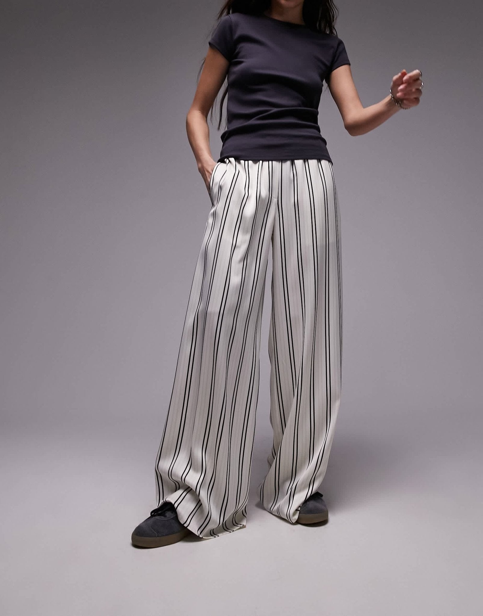 Topshop satin pin stripe wide leg pull on in white - ASOS Sample Sale EU Store