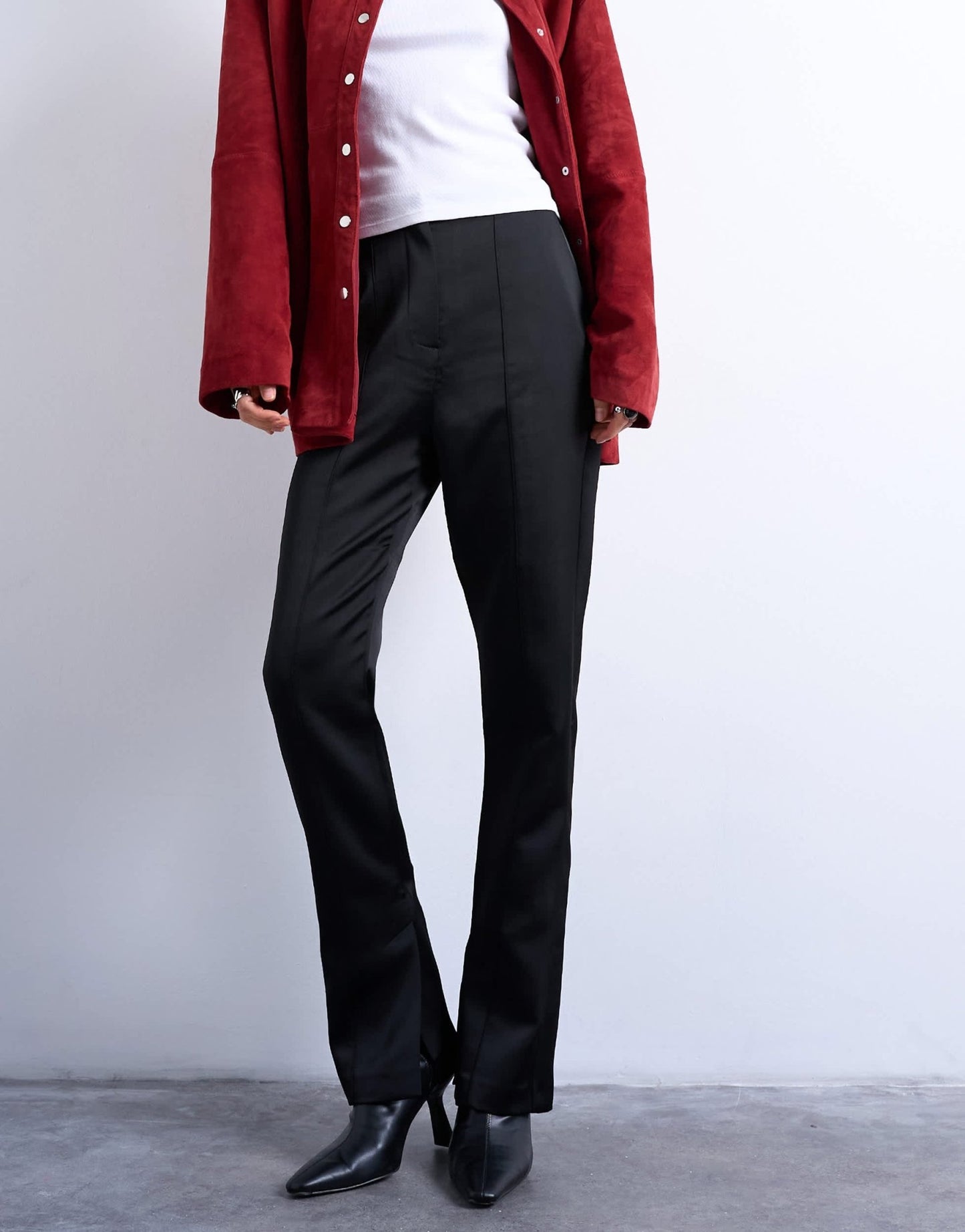 Topshop satin straight leg with side split trouser in black - ASOS Sample Sale EU Store