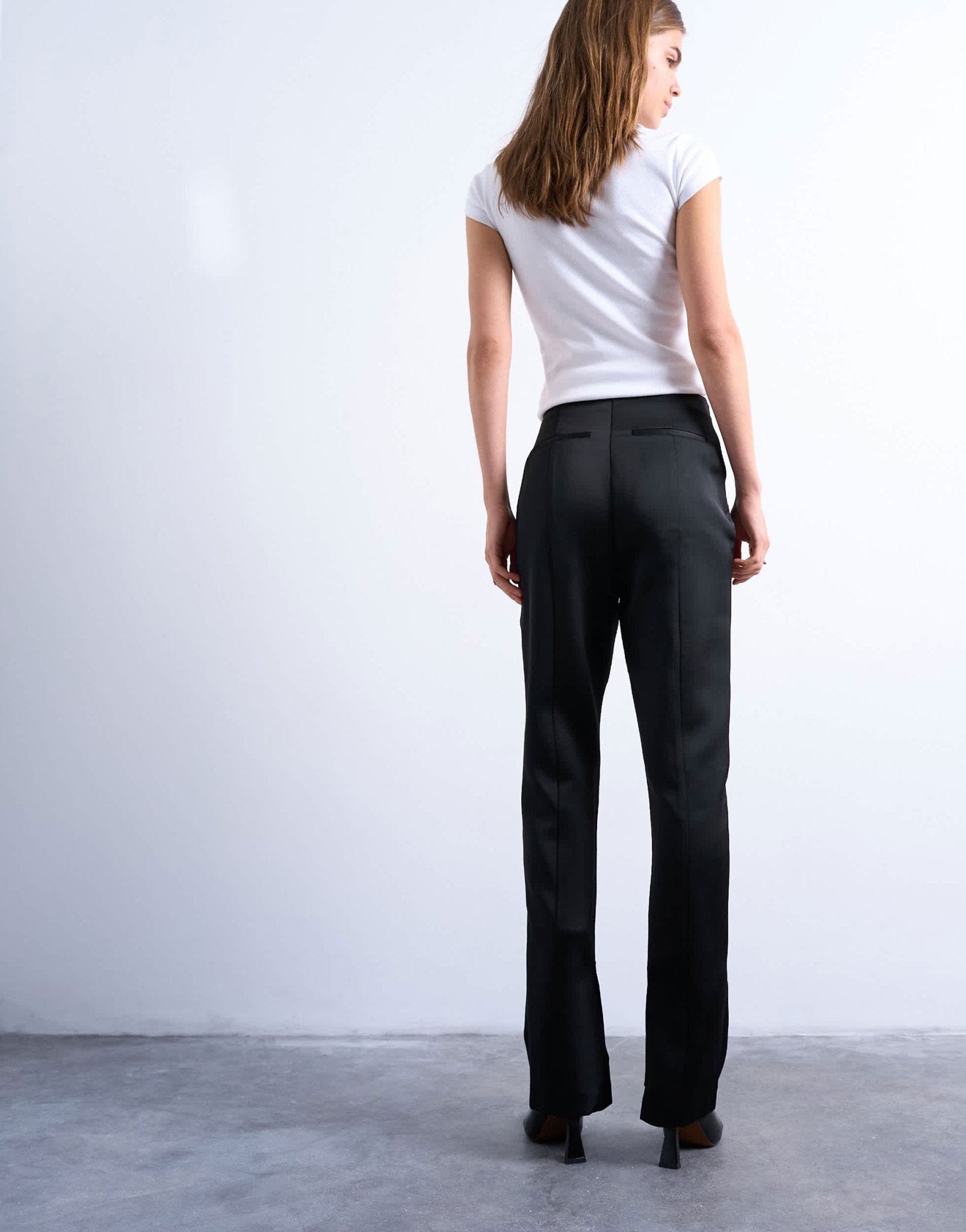 Topshop satin straight leg with side split trouser in black - ASOS Sample Sale EU Store