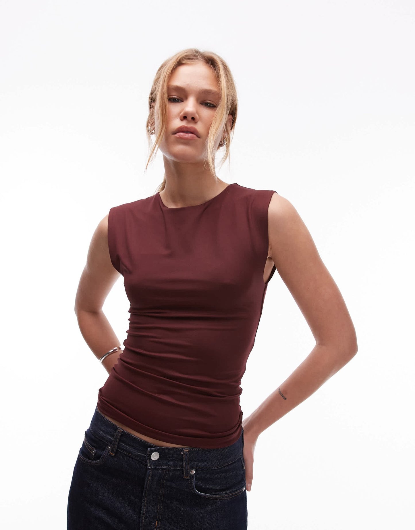 Topshop short sleeve slinky top in brown - ASOS Sample Sale EU Store
