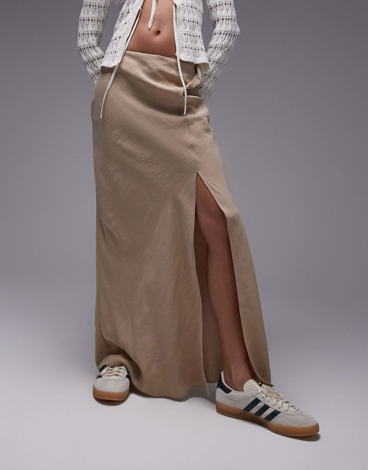 Topshop soft touch twist low rise maxi skirt in sand - ASOS Sample Sale EU Store