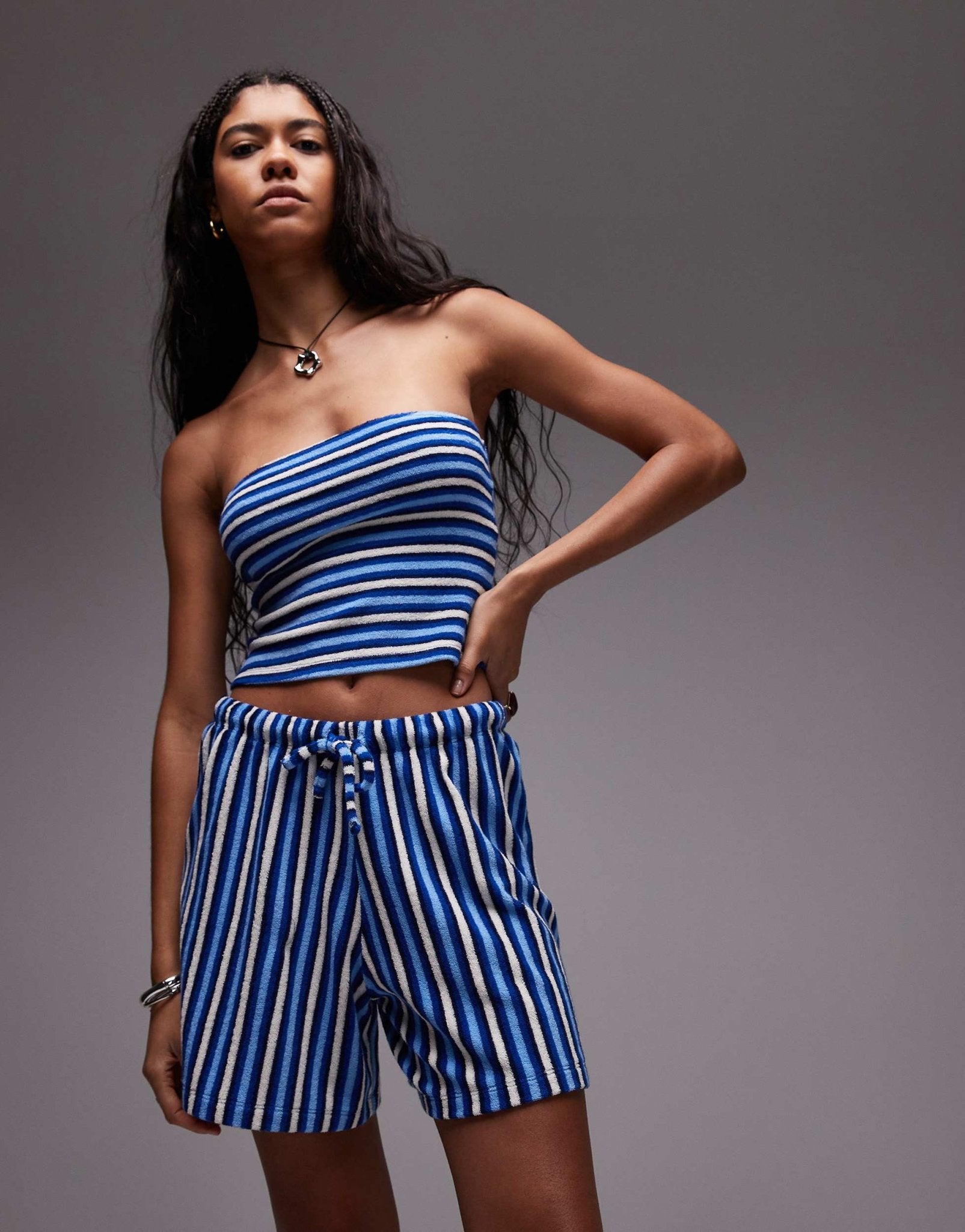 Topshop stripe drawcord towelling shorts co - ord in blue - ASOS Sample Sale EU Store