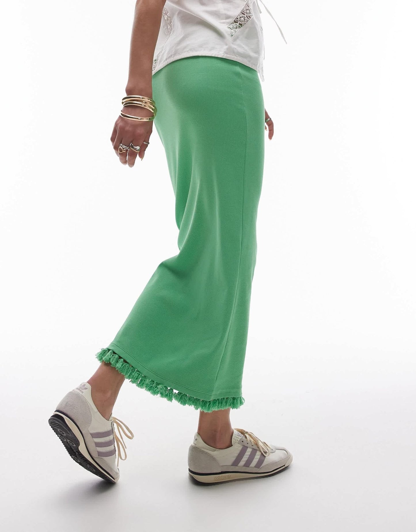 Topshop tassel hem midi skirt in green - ASOS Sample Sale EU Store