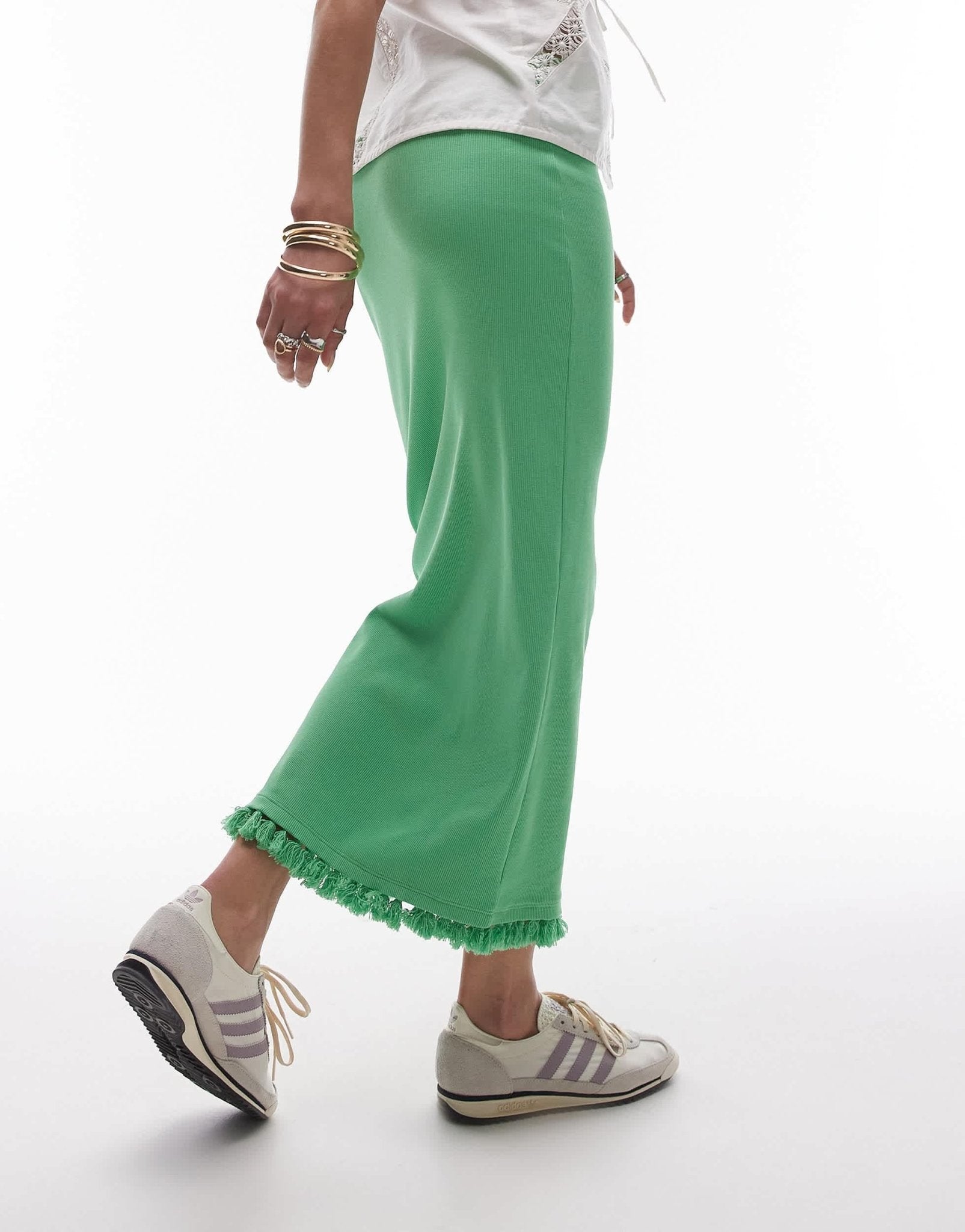 Topshop tassel hem midi skirt in green - ASOS Sample Sale EU Store