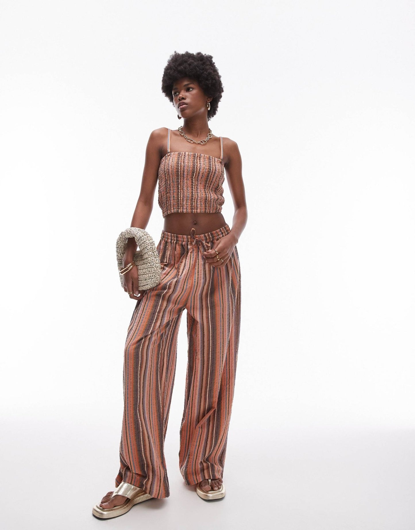 Topshop textured bandeau beach top in brown stripe - ASOS Sample Sale EU Store