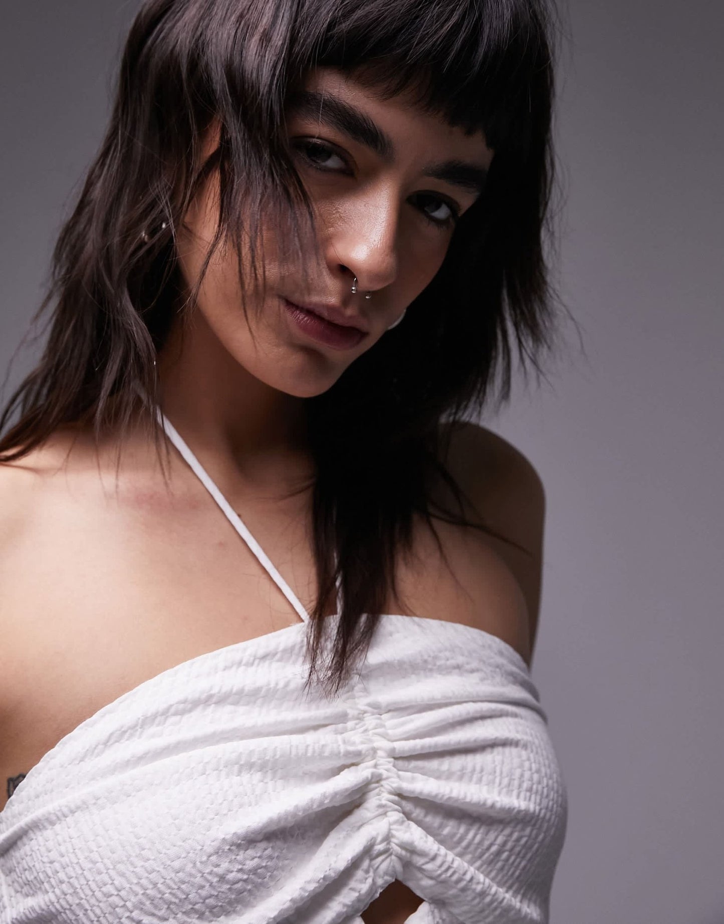 Topshop textured ruched cutout halter top in ivory - ASOS Sample Sale EU Store