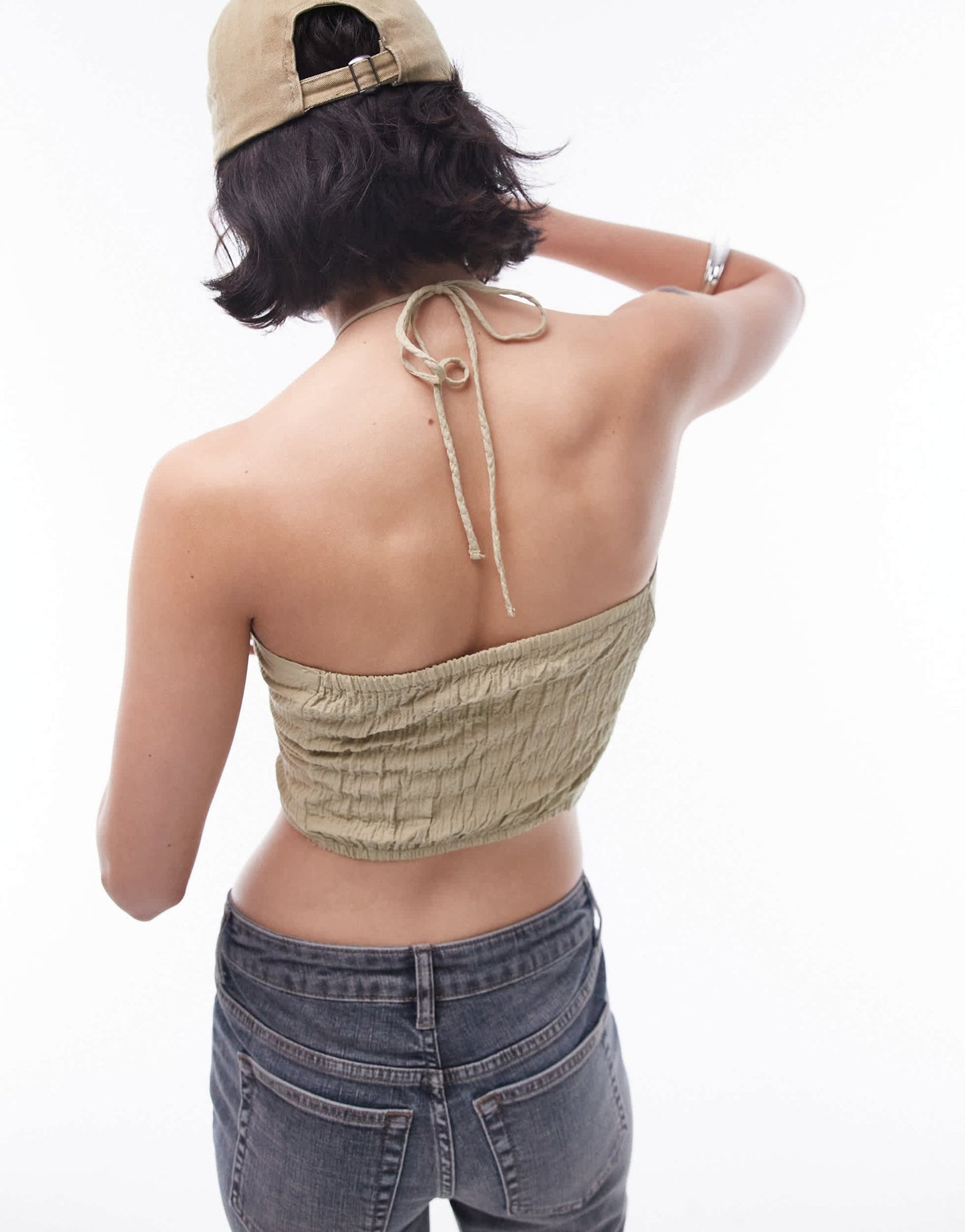 Topshop textured ruched cutout halter top in khaki - ASOS Sample Sale EU Store