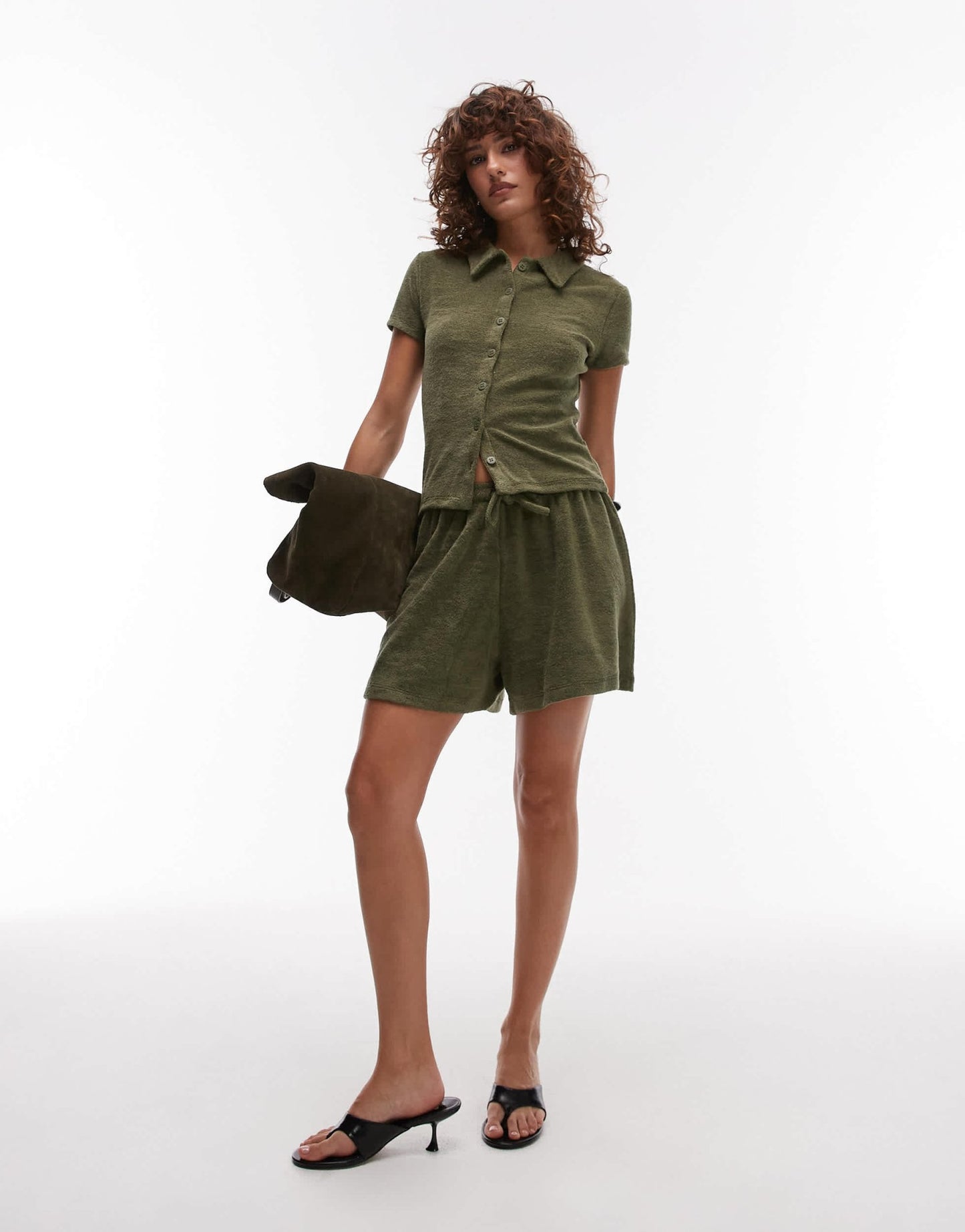 Topshop towelling button through shirt in khaki - ASOS Sample Sale EU Store