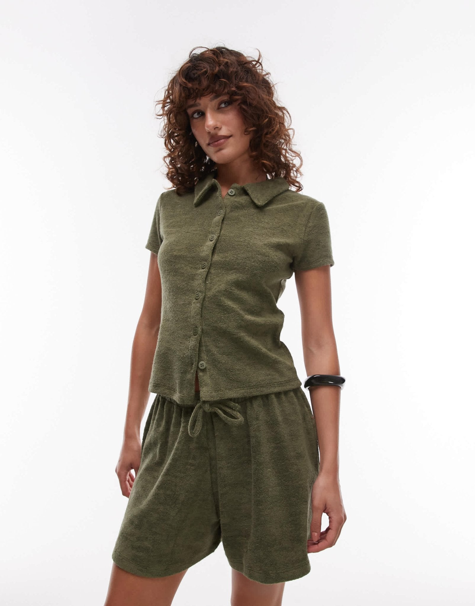 Topshop towelling button through shirt in khaki - ASOS Sample Sale EU Store
