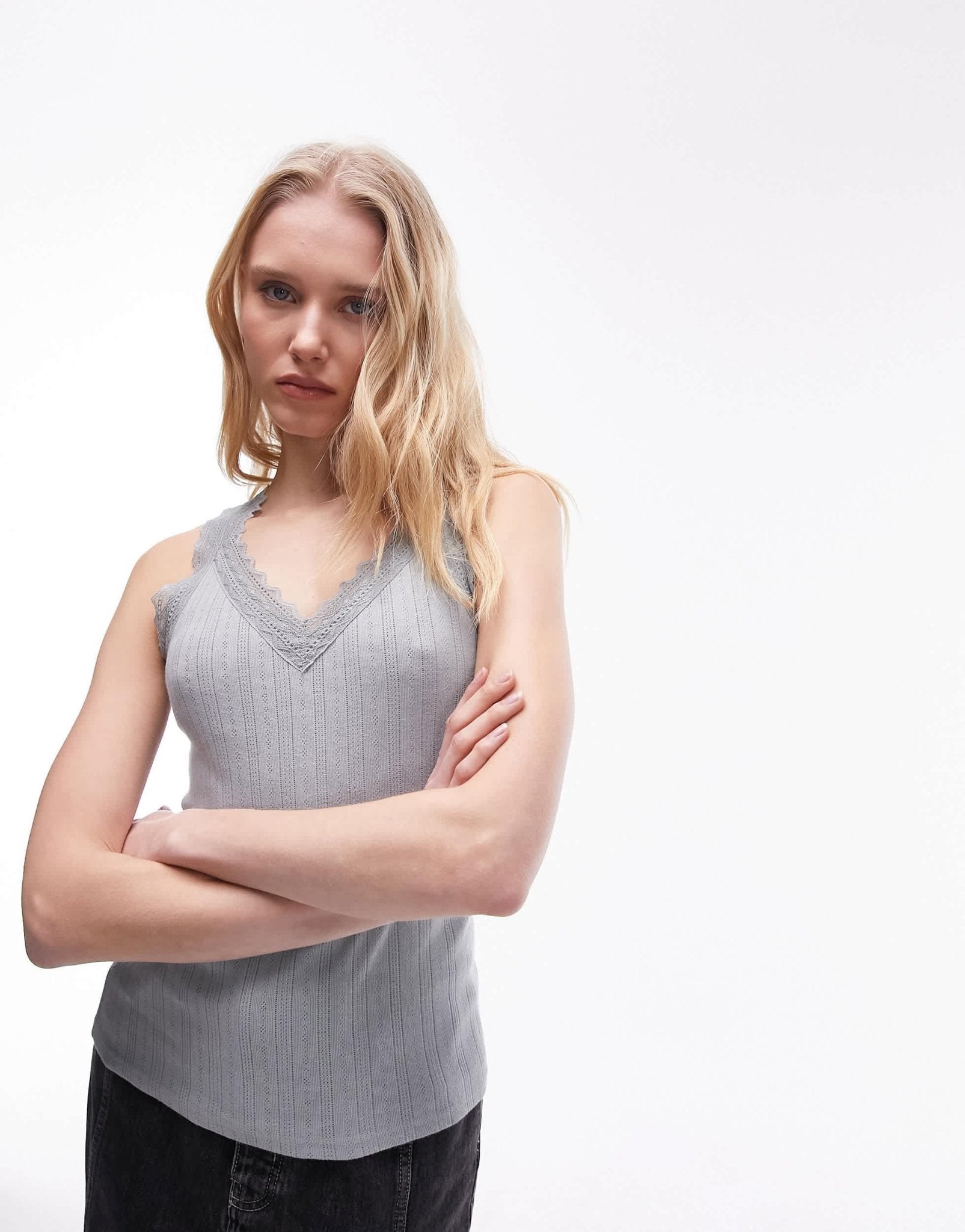 Topshop v neck lace pointelle cami in grey - ASOS Sample Sale EU Store