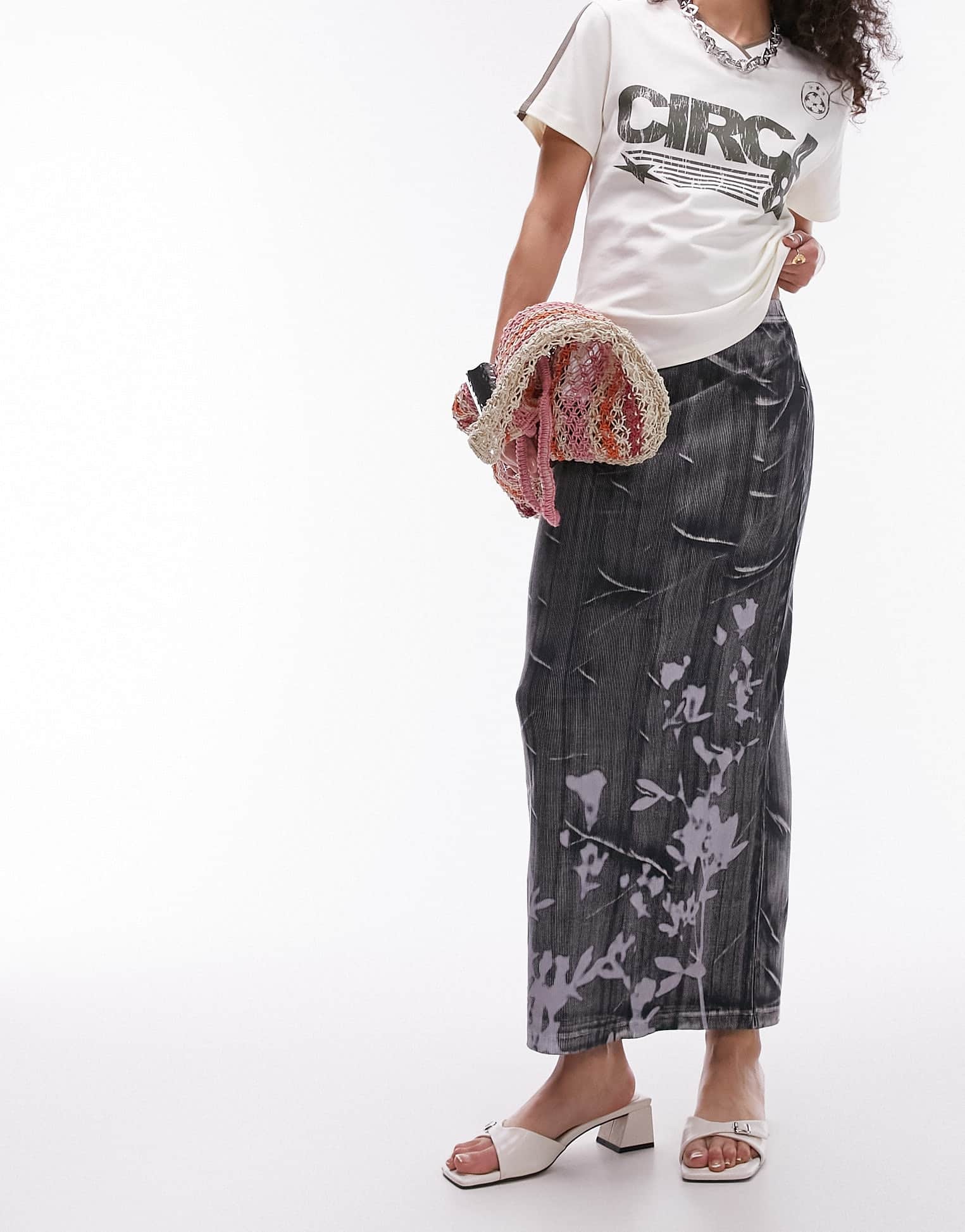 Topshop washed rib floral shadow print midi skirt in grey - ASOS Sample Sale EU Store