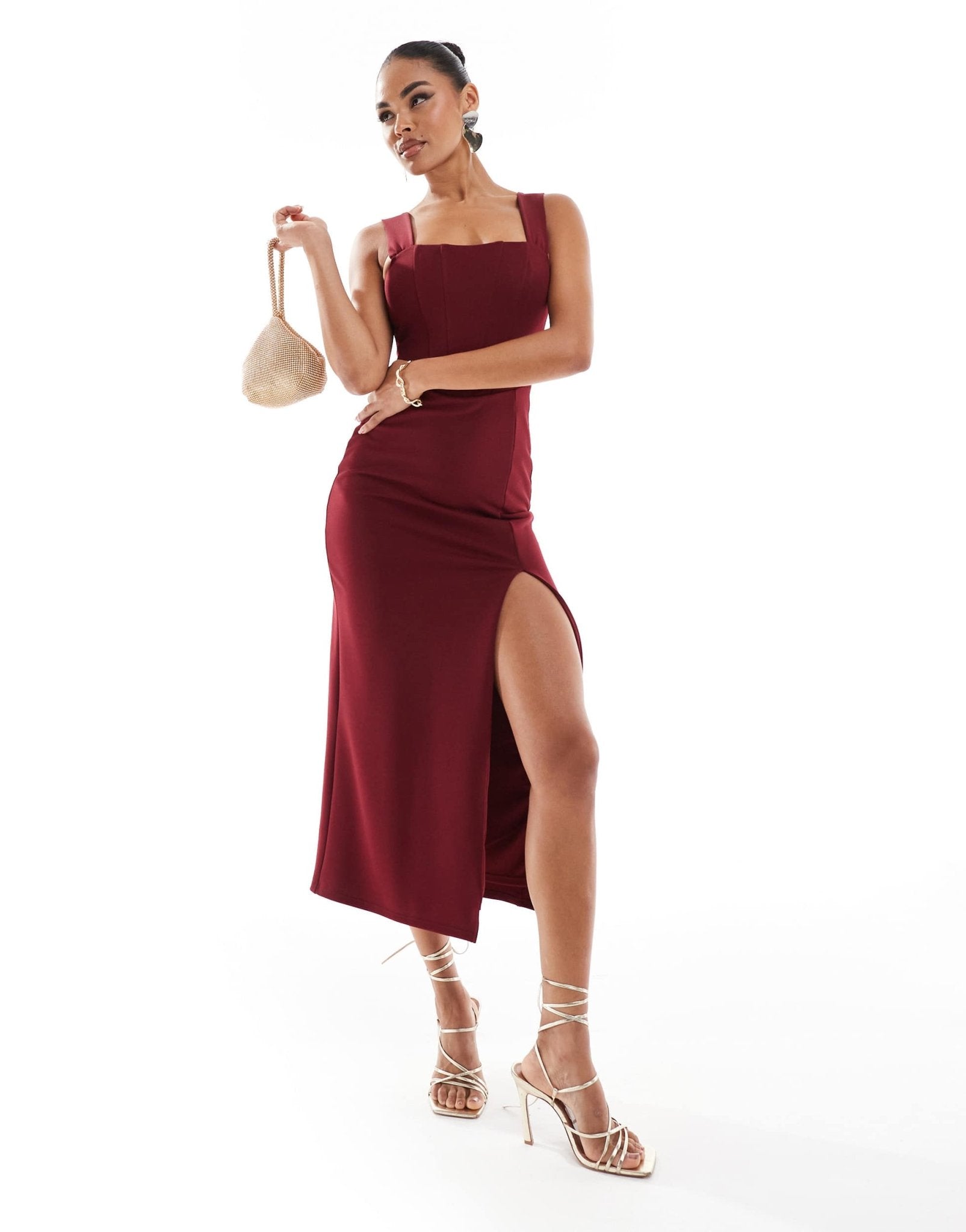 True Violet corset midi dress with thigh split in burgundy - ASOS Sample Sale EU Store