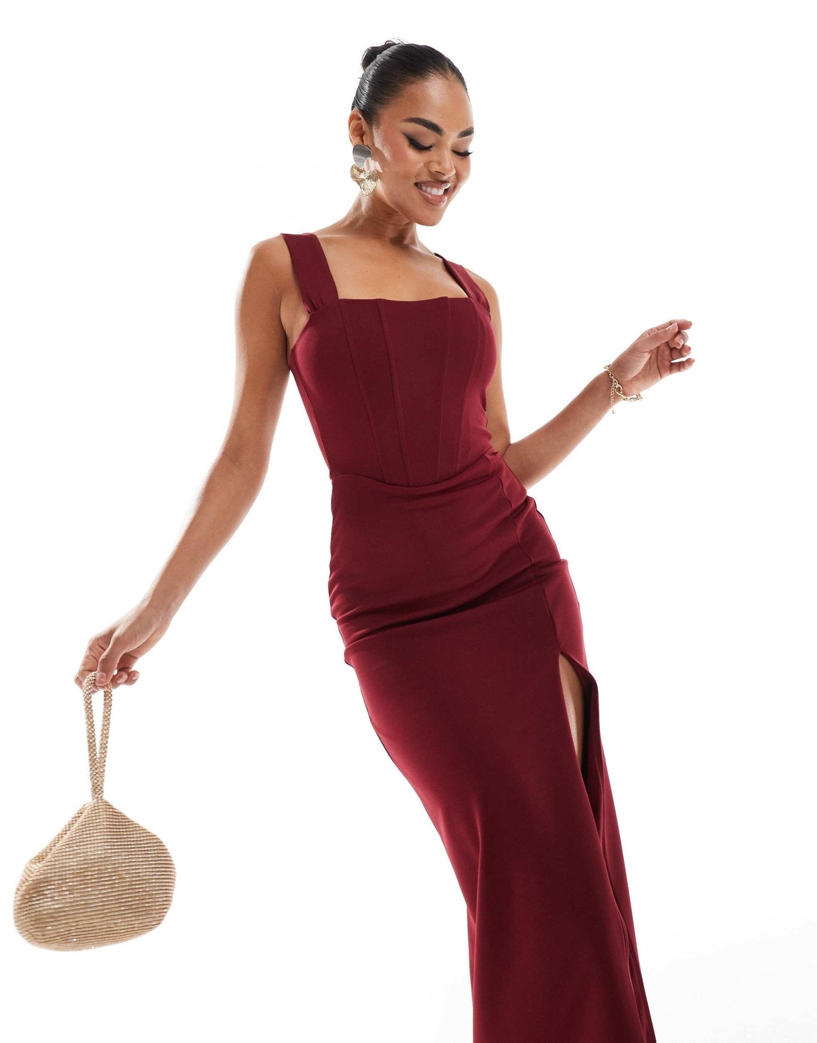 True Violet corset midi dress with thigh split in burgundy - ASOS Sample Sale EU Store