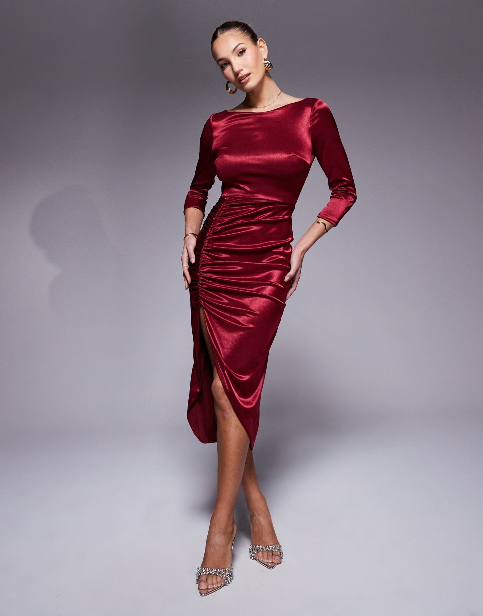 True Violet long sleeve ruched slinky midi dress in burgundy - ASOS Sample Sale EU Store