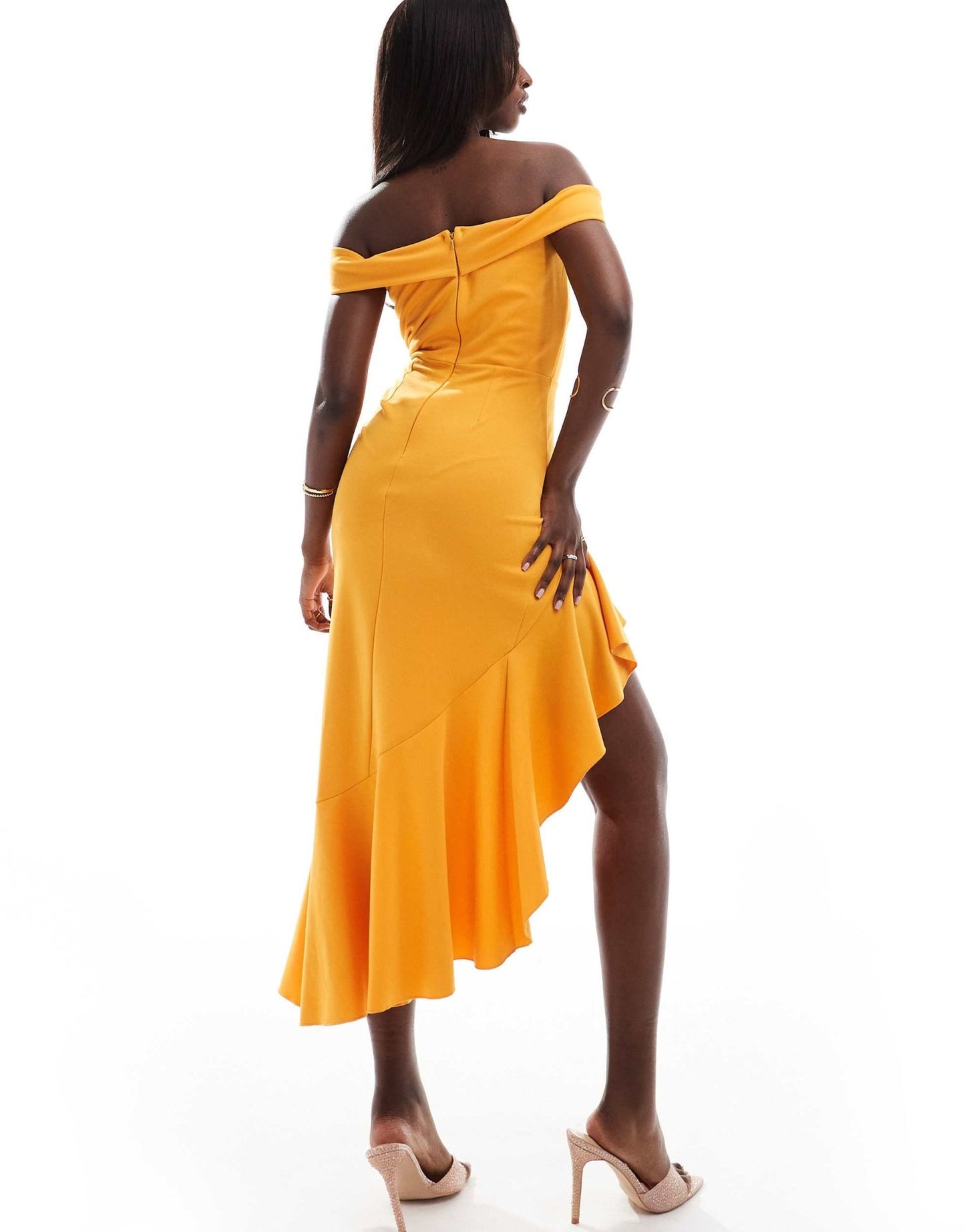True Violet off shoulder ruffle midi dress in apricot - ASOS Sample Sale EU Store