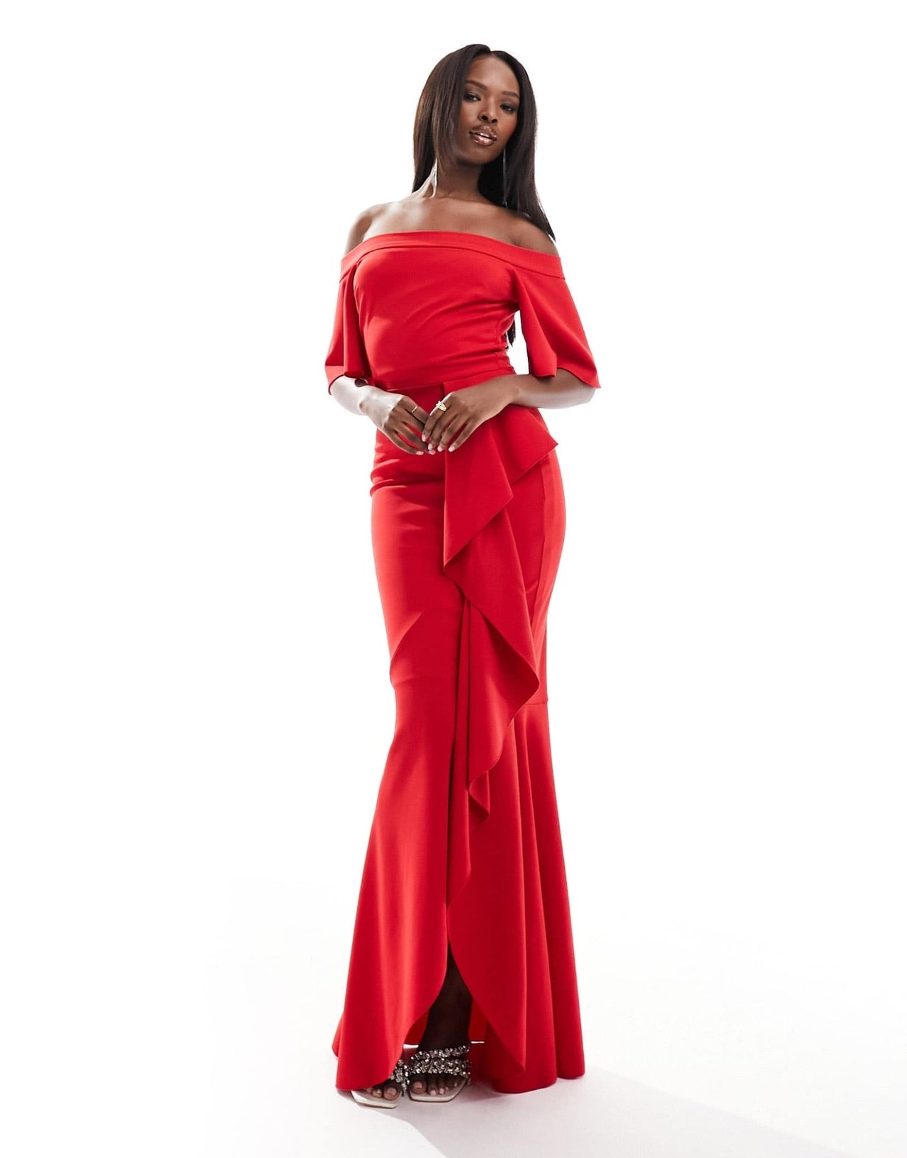 True Violet ruffle bardot maxi dress in red - ASOS Sample Sale EU Store
