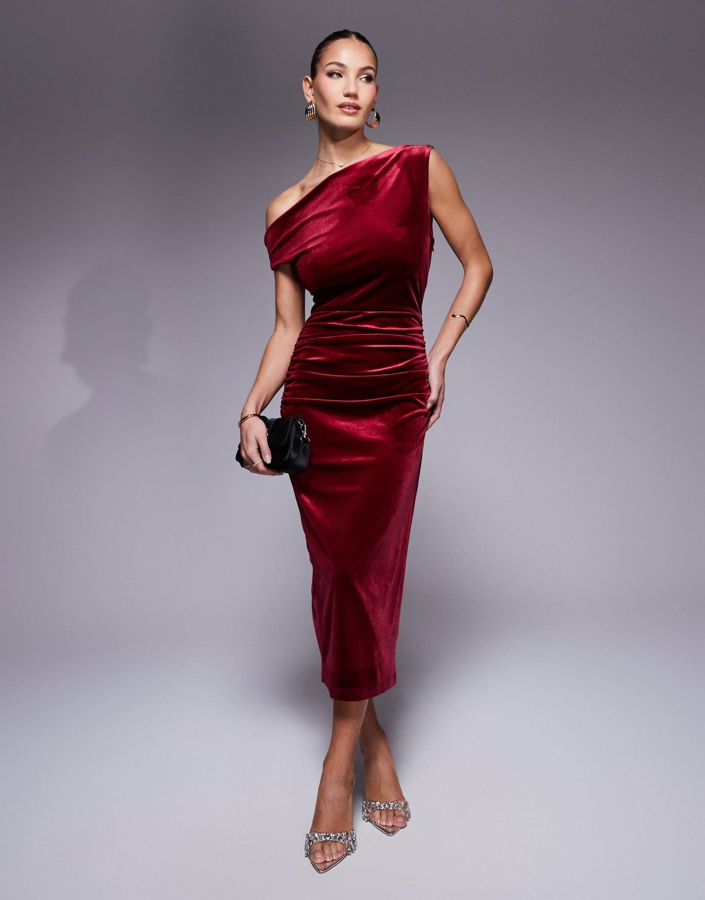 True Violet velvet drape shoulder midi dress in wine - ASOS Sample Sale EU Store