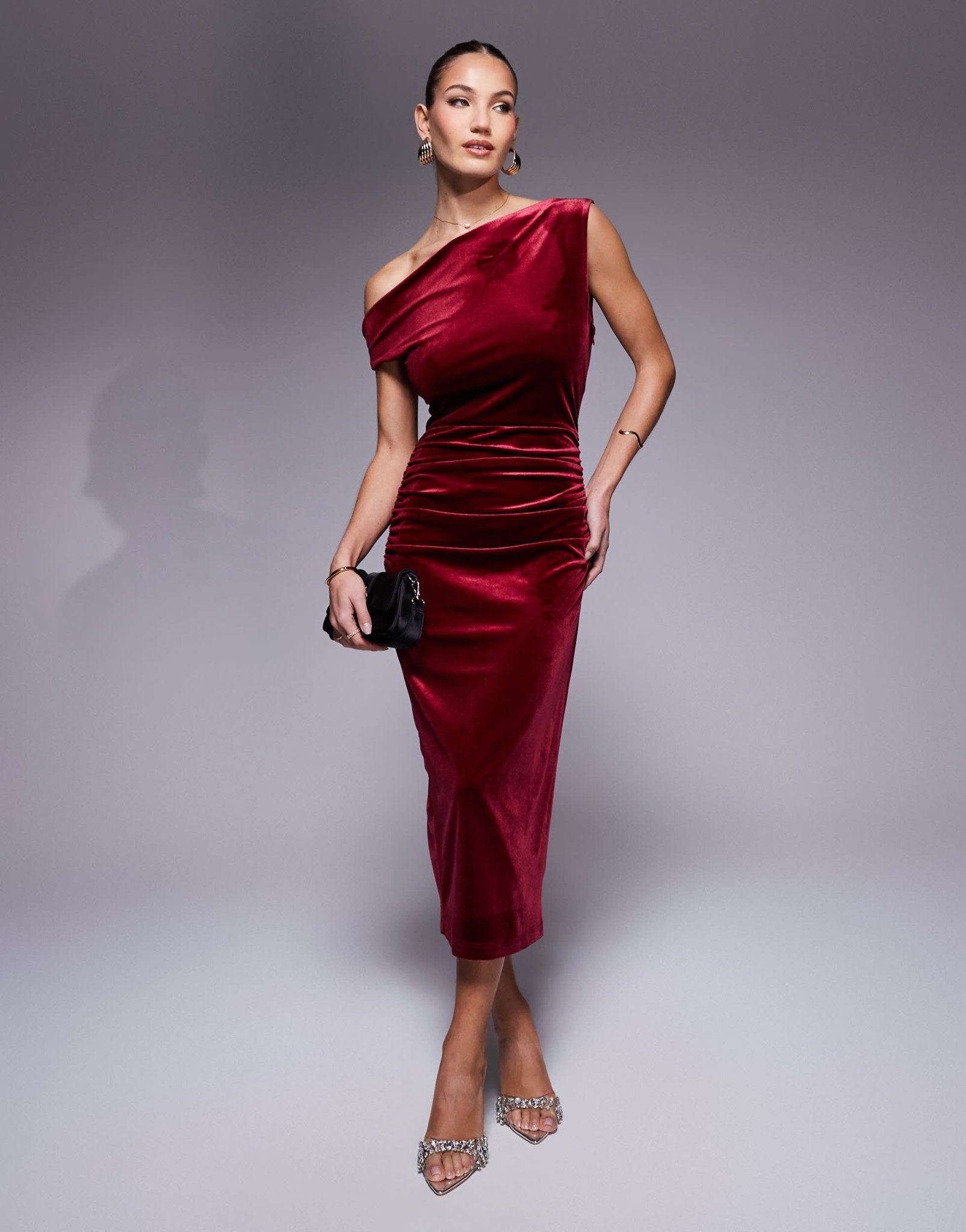 True Violet velvet drape shoulder midi dress in wine - ASOS Sample Sale EU Store