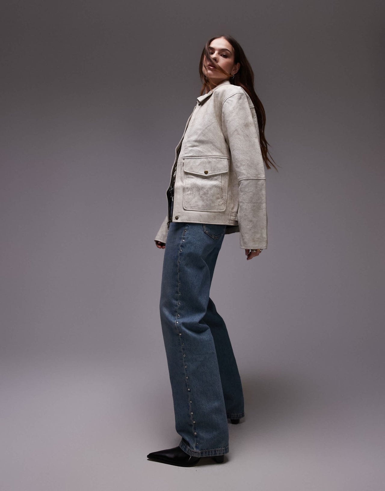 Urbancode cracked leather patch pocket harrington jacket in white - ASOS Sample Sale EU Store