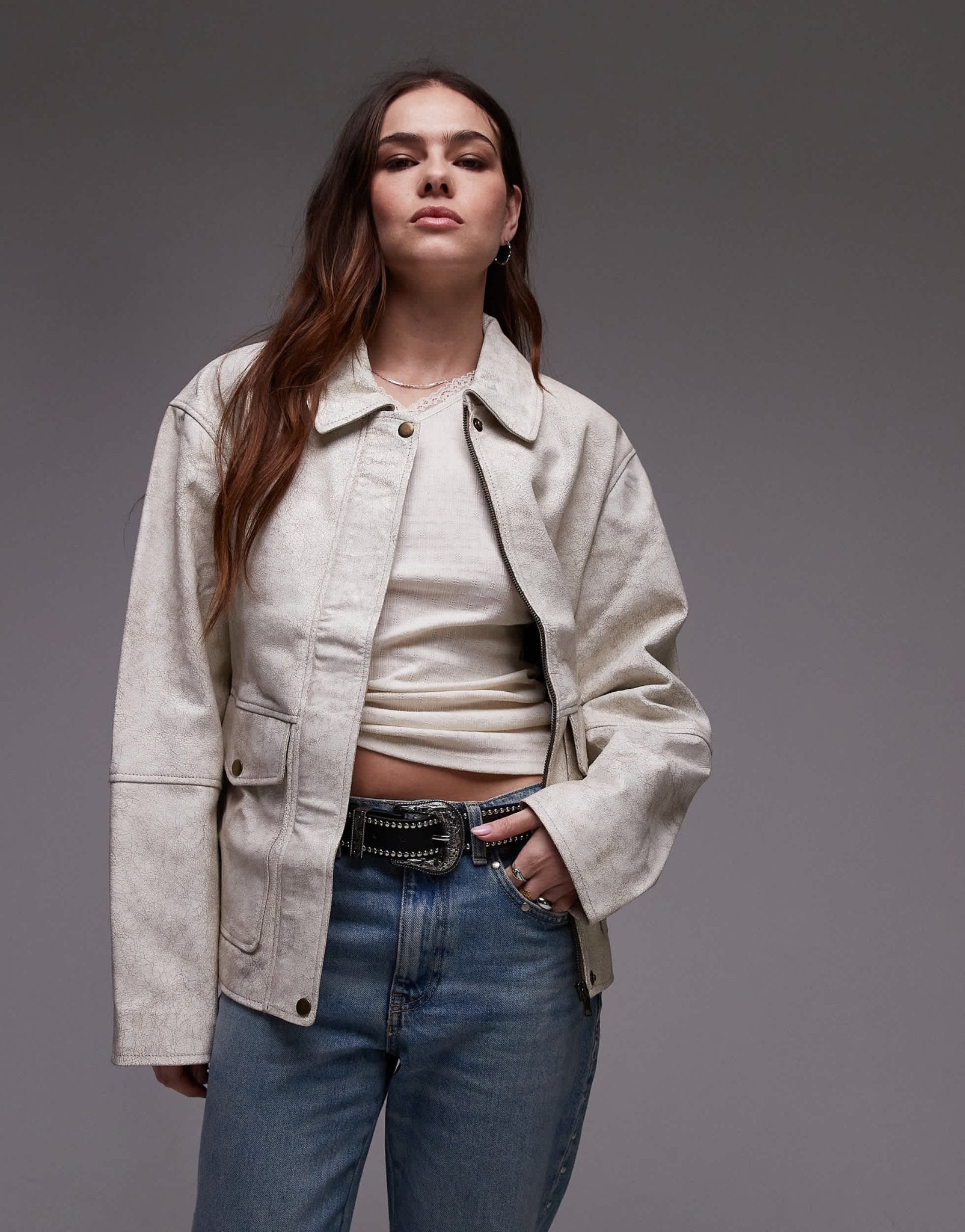 Urbancode cracked leather patch pocket harrington jacket in white - ASOS Sample Sale EU Store