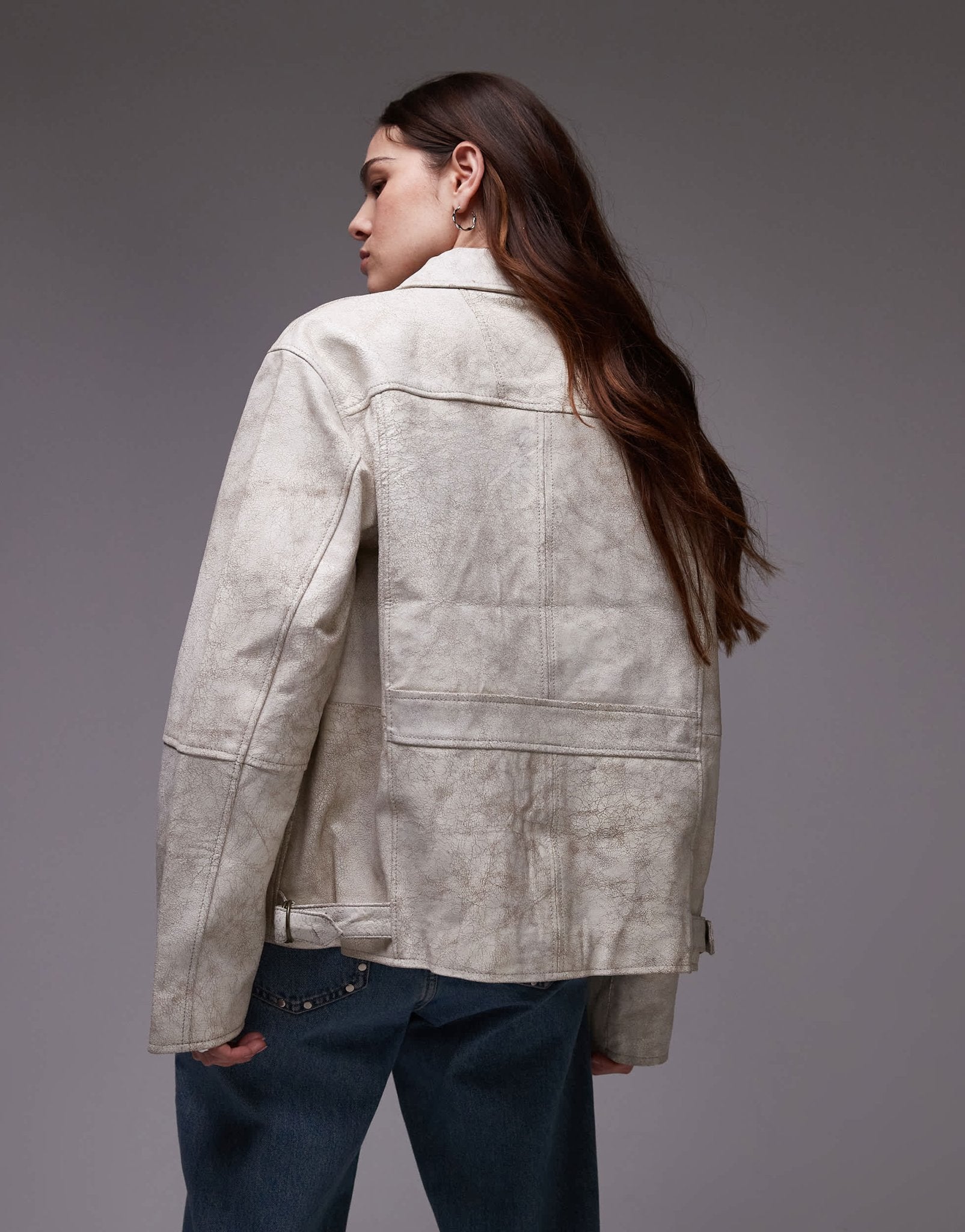 Urbancode cracked leather patch pocket harrington jacket in white - ASOS Sample Sale EU Store
