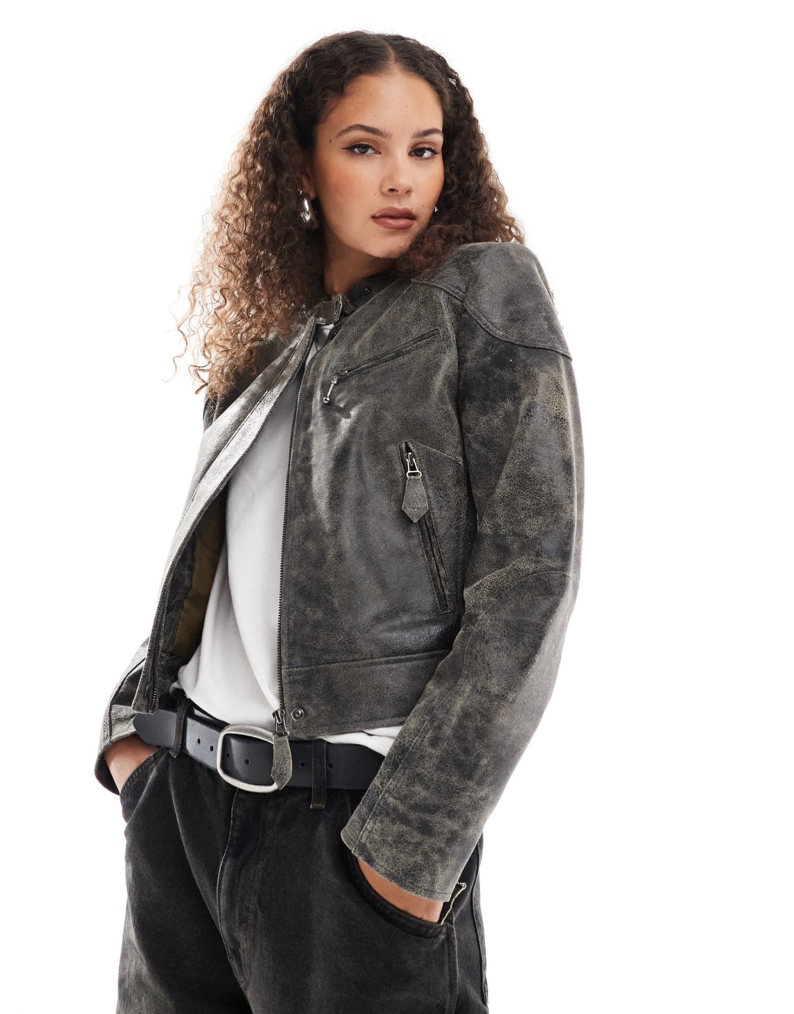 Urbancode distressed leather motor jacket in dark brown - ASOS Sample Sale EU Store