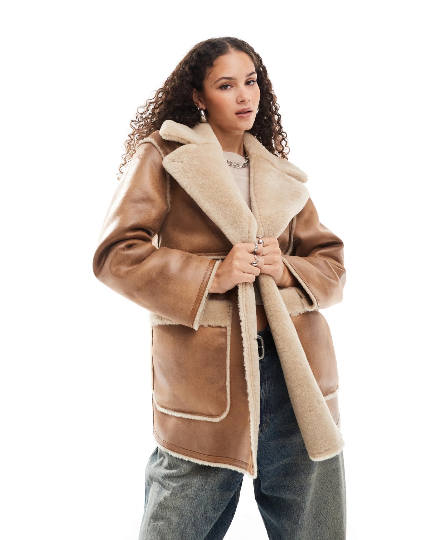 Urbancode faux shearling car coat in tan - ASOS Sample Sale EU Store