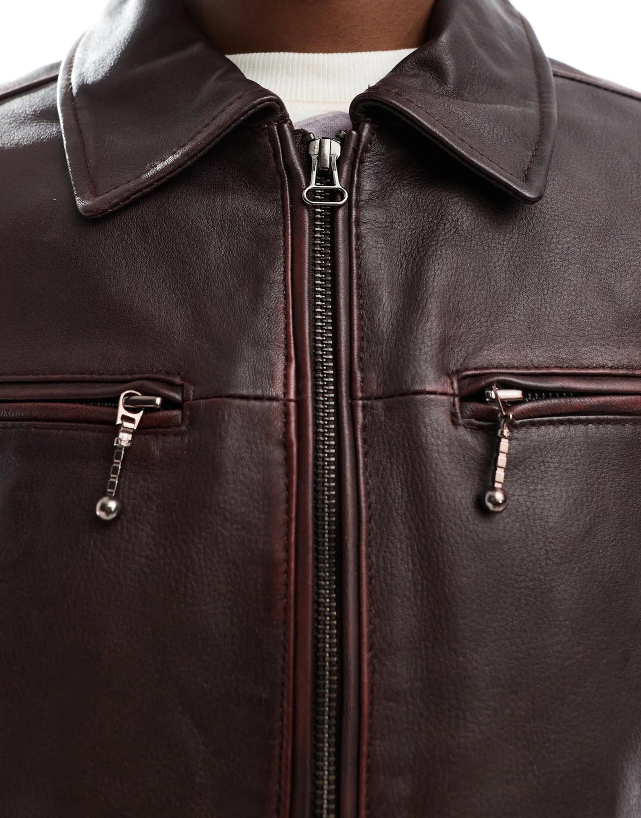 Urbancode wash effect leather fitted jacket in burgundy - ASOS Sample Sale EU Store