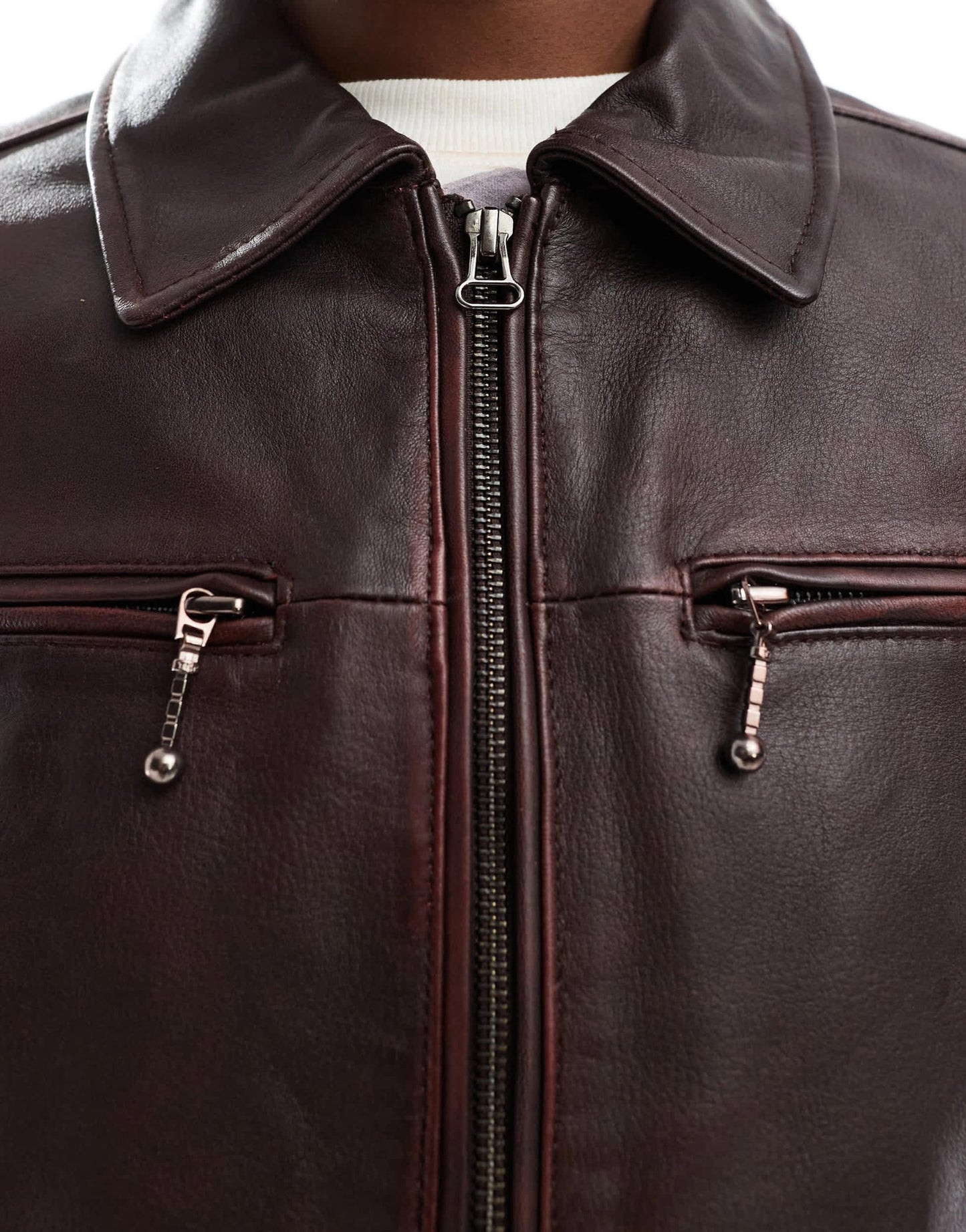 Urbancode wash effect leather fitted jacket in burgundy - ASOS Sample Sale EU Store