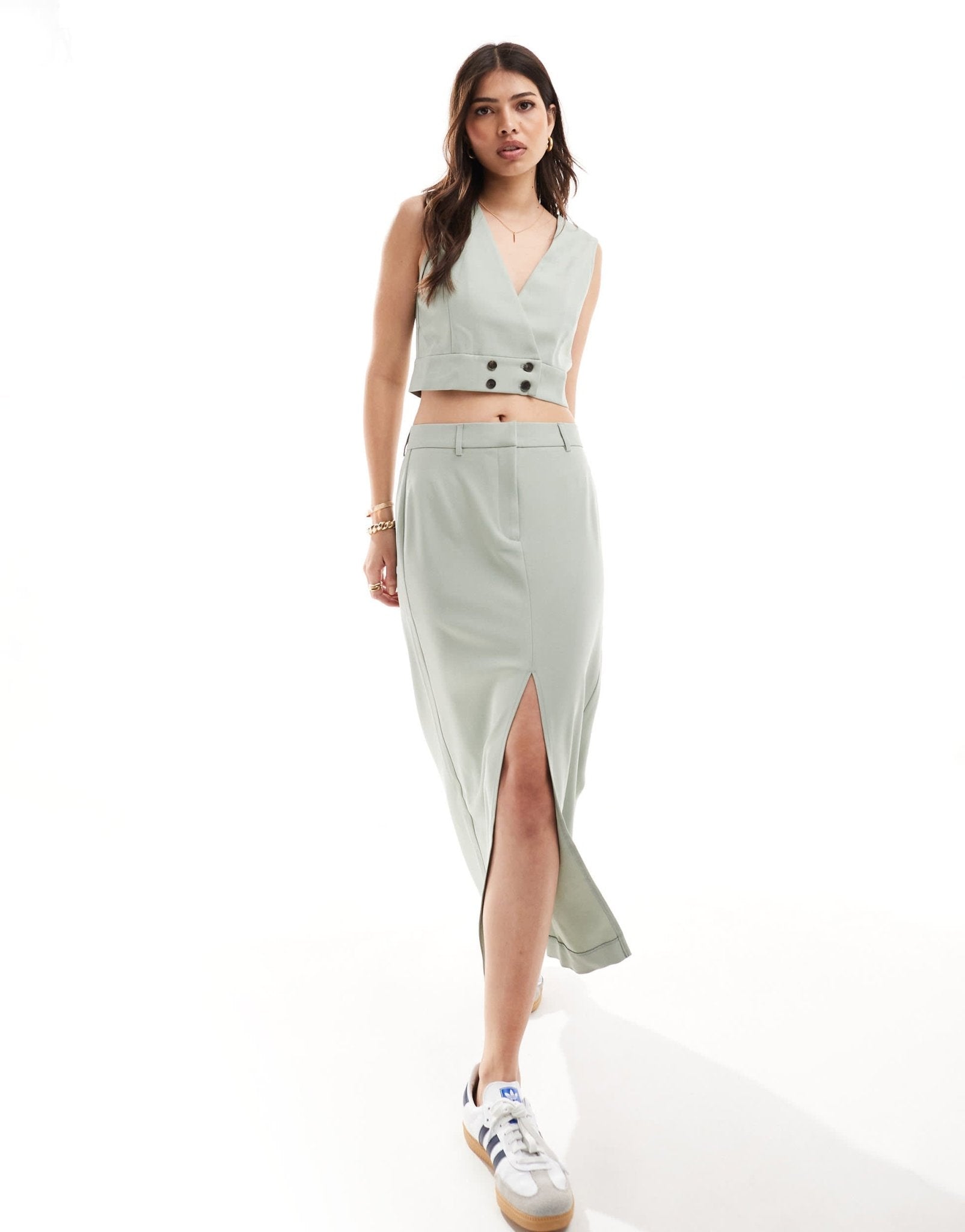 Vero Moda cropped waistcoat co - ord in sage - ASOS Sample Sale EU Store