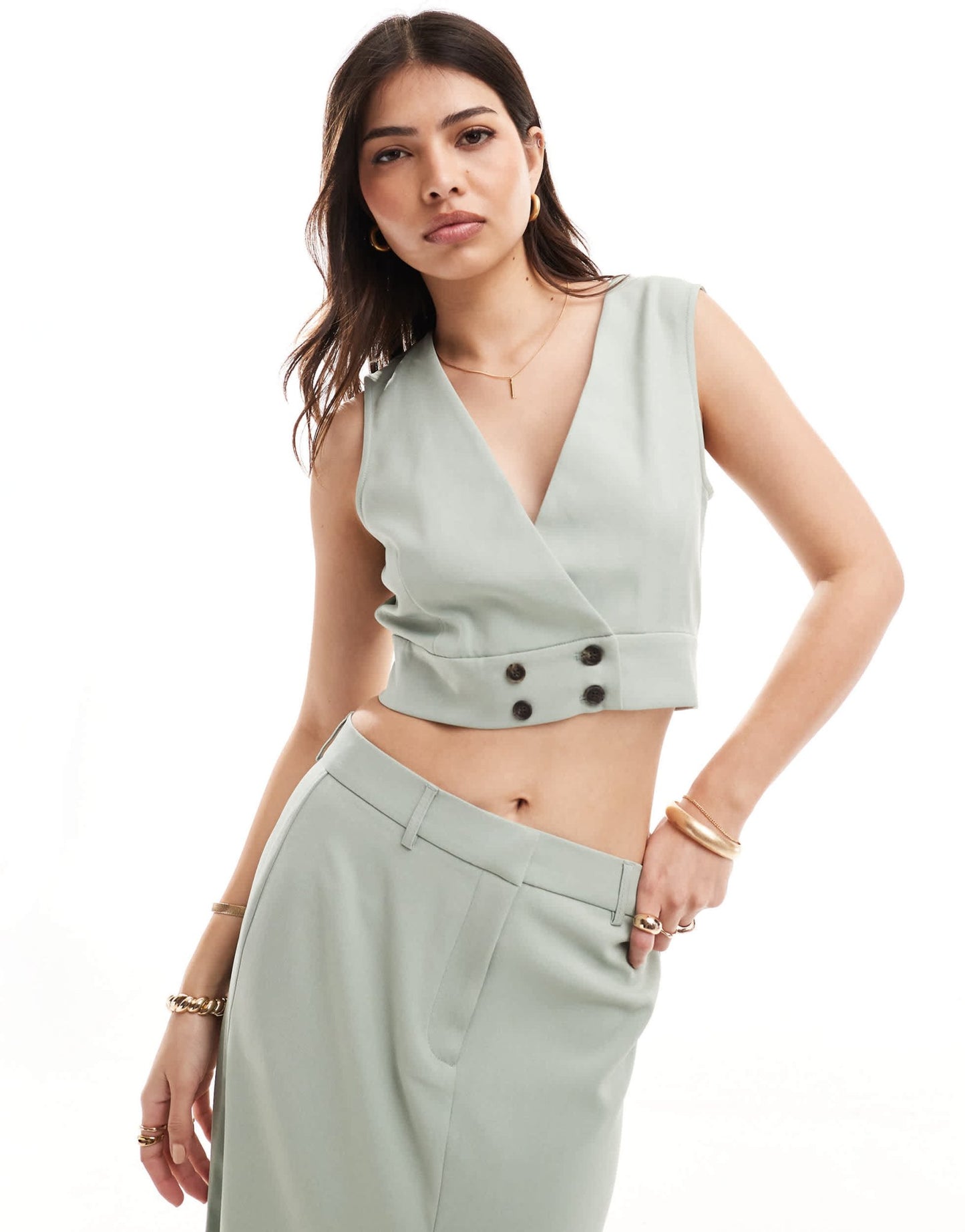 Vero Moda cropped waistcoat co - ord in sage - ASOS Sample Sale EU Store