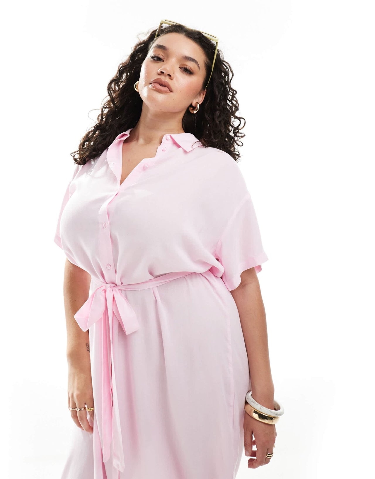 Vero Moda Curve shirt midi dress with tie belt in pink - ASOS Sample Sale EU Store