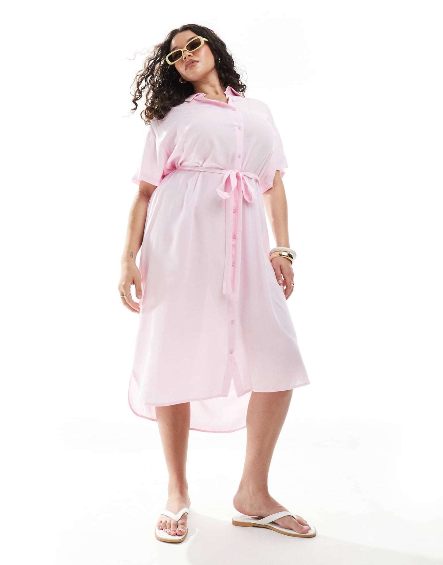 Vero Moda Curve shirt midi dress with tie belt in pink - ASOS Sample Sale EU Store