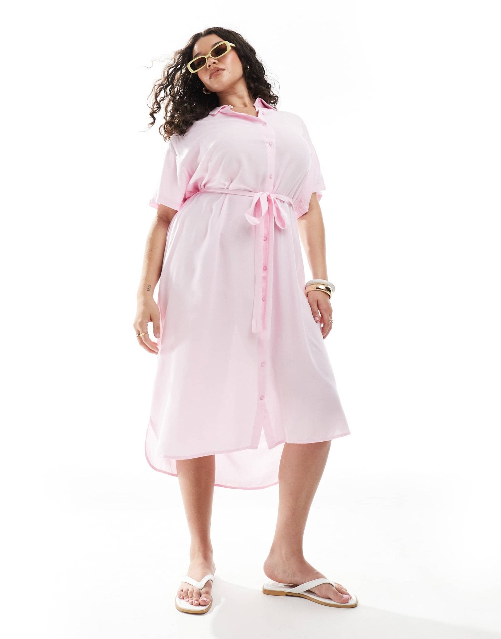 Vero Moda Curve shirt midi dress with tie belt in pink - ASOS Sample Sale EU Store