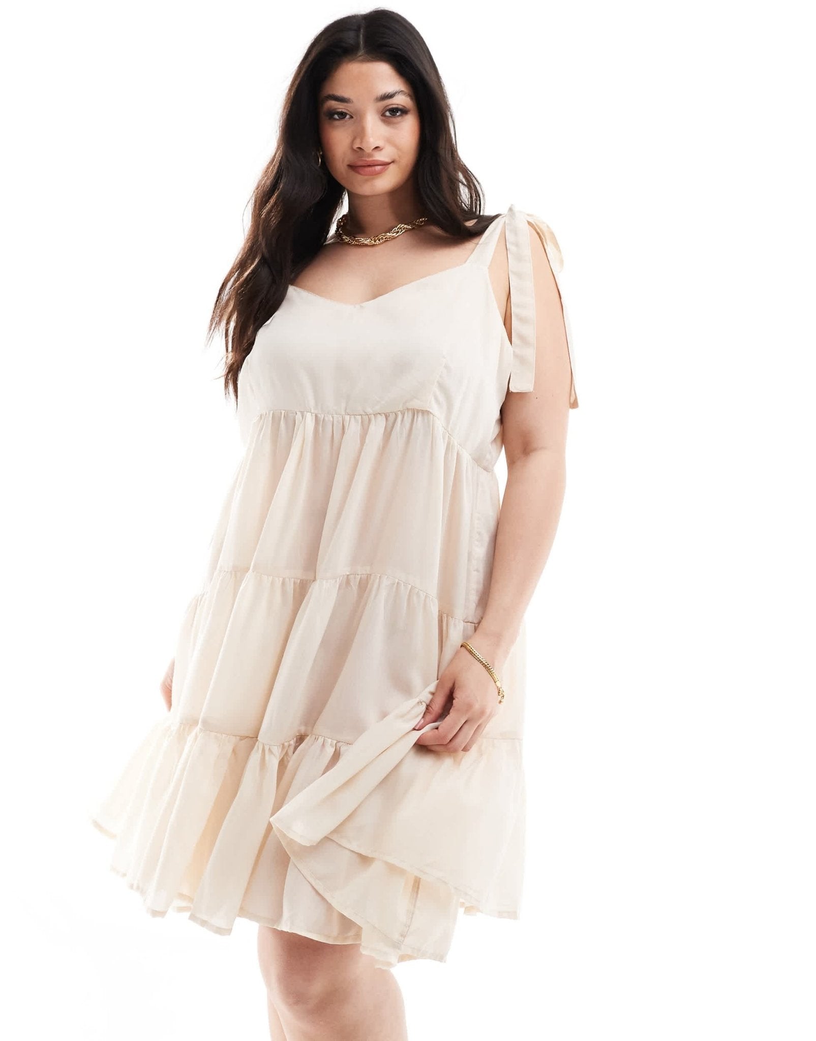 Vero Moda Curve tie shoulder tiered beach mini dress in cream - ASOS Sample Sale EU Store
