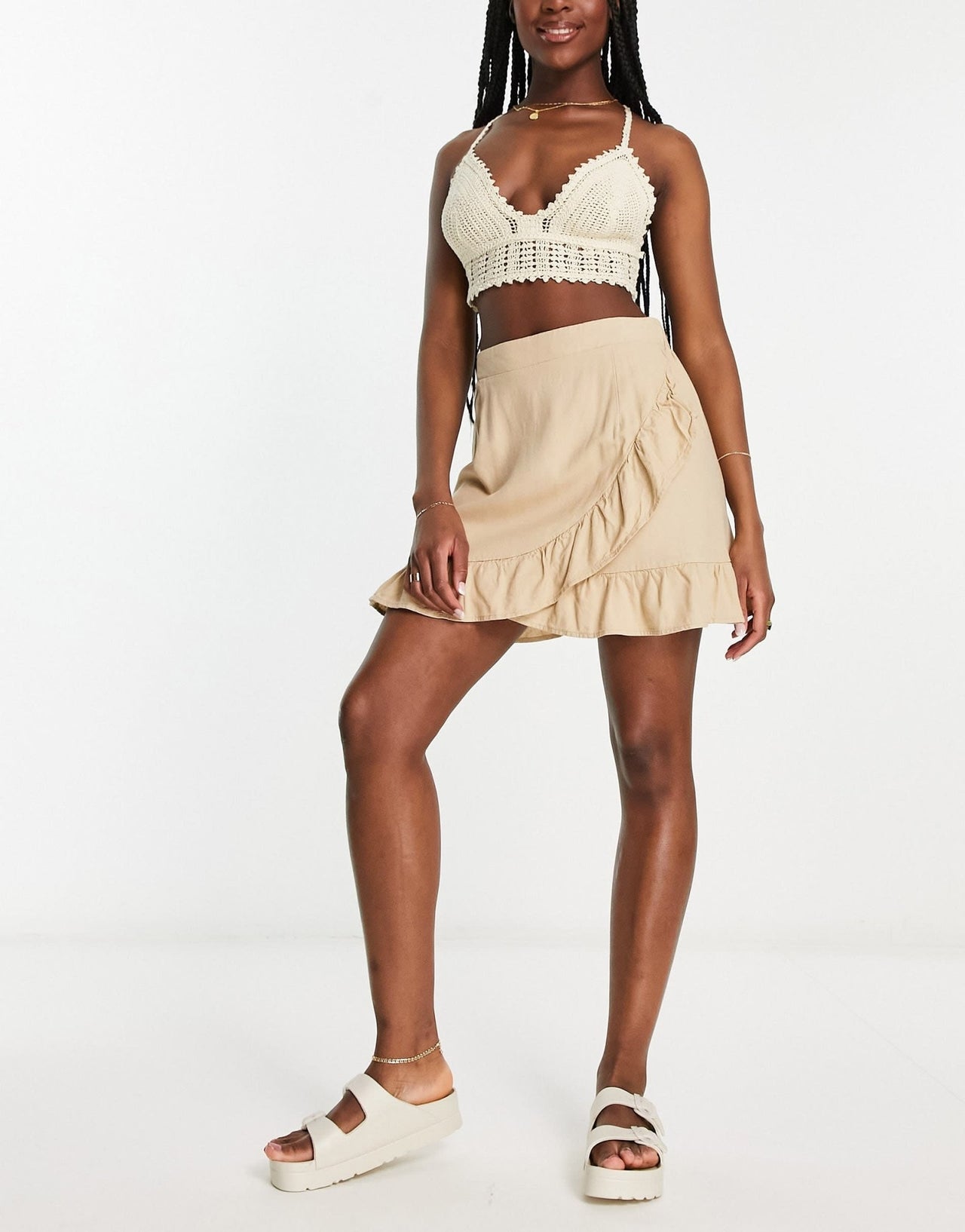 Vero Moda linen touch frill wrap mini skirt in beige - ASOS Sample Sale EU Store