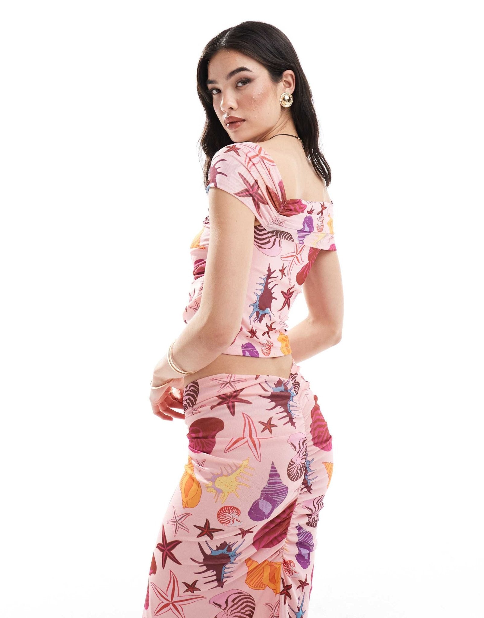 Vero Moda off shoulder mesh top co - ord in pink shell print - ASOS Sample Sale EU Store