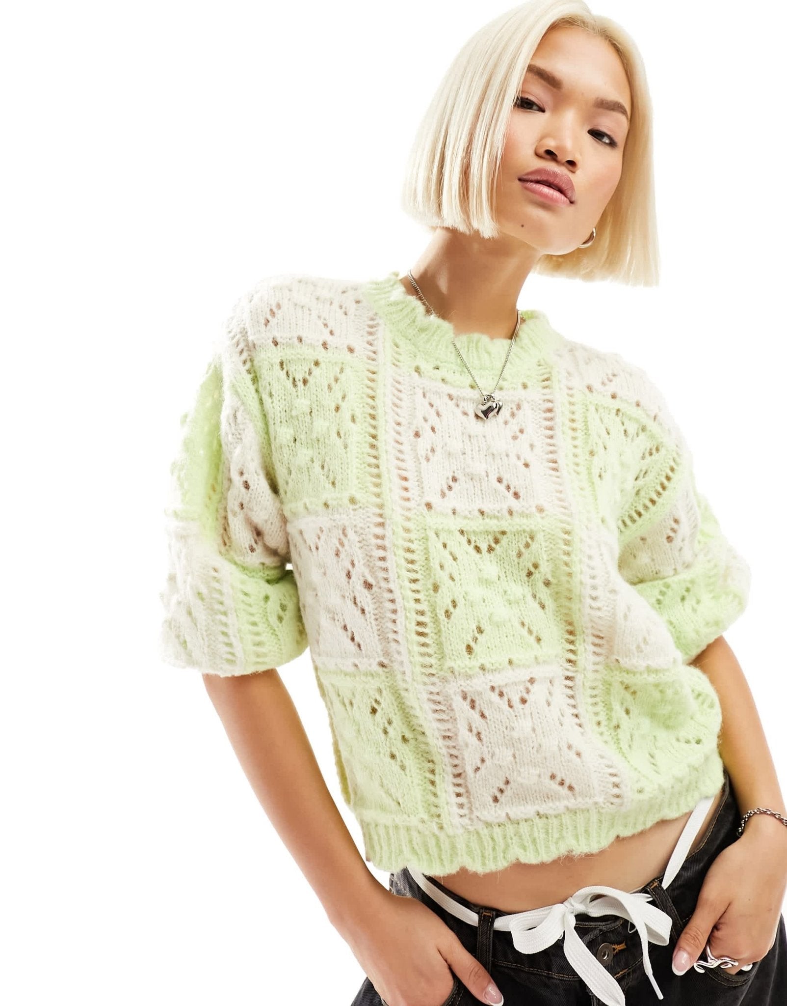 Vero Moda oversized crochet knit jumper in lime and white - ASOS Sample Sale EU Store