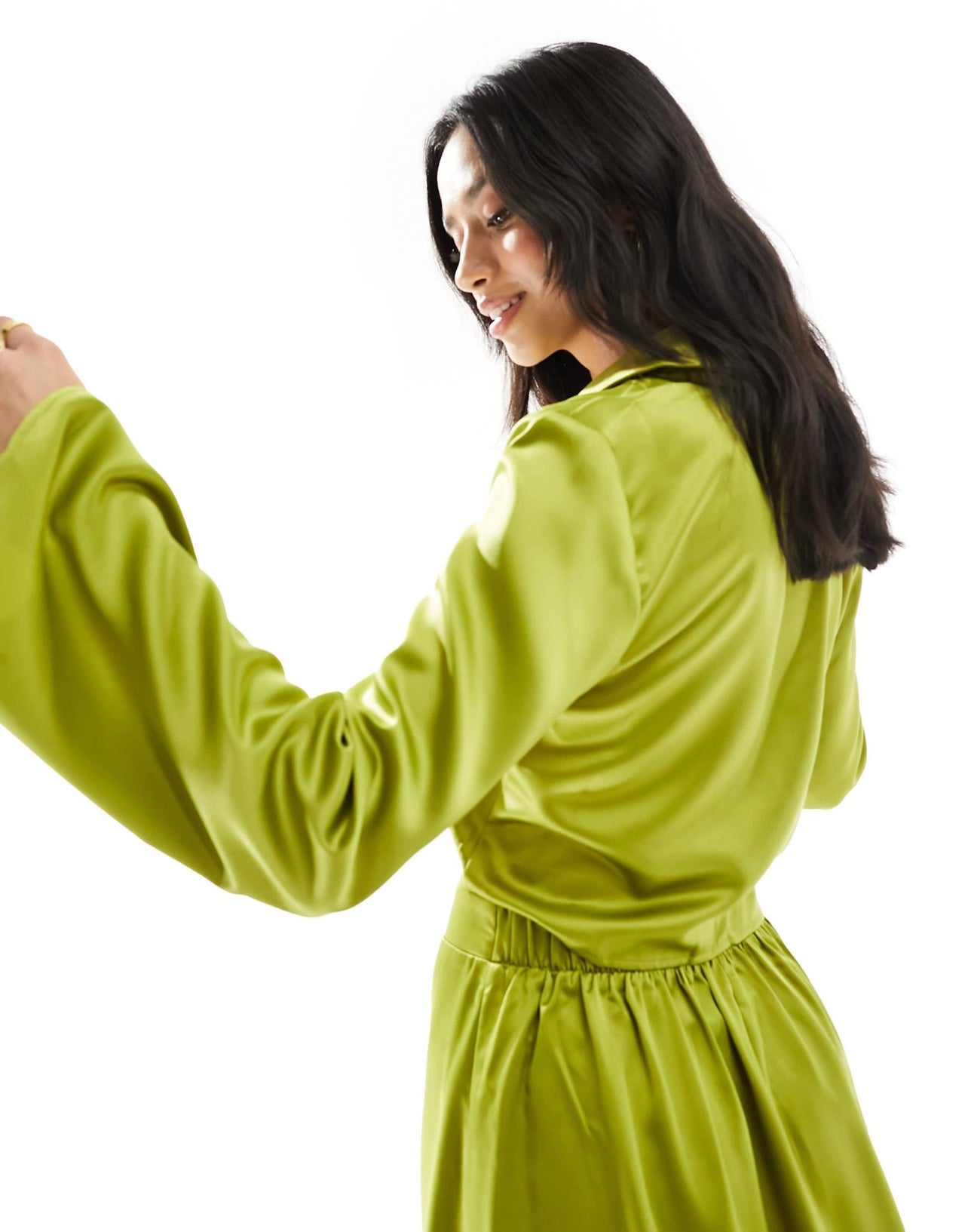 Vero Moda Petite satin ruched front top co - ord in olive - ASOS Sample Sale EU Store