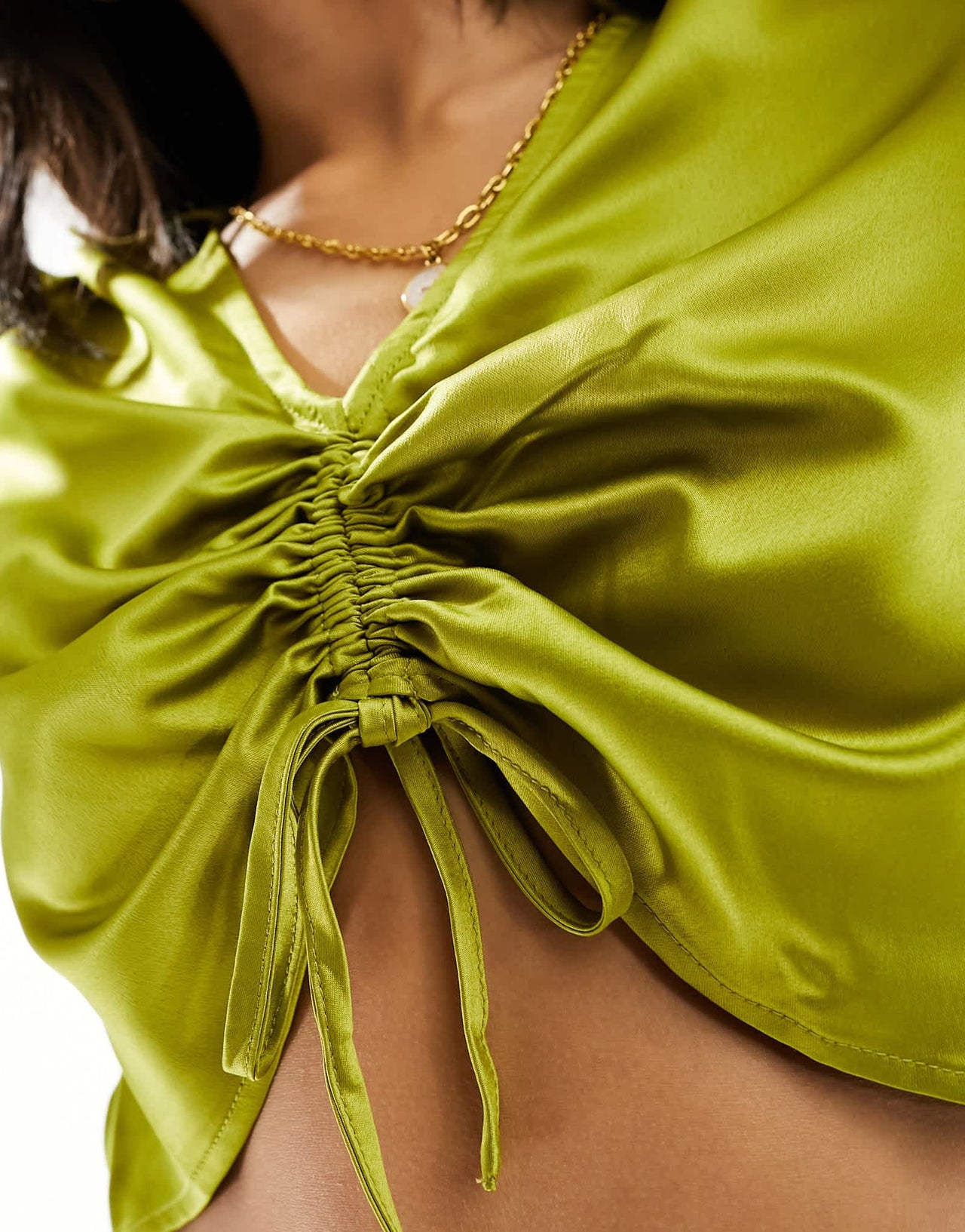 Vero Moda Petite satin ruched front top co - ord in olive - ASOS Sample Sale EU Store