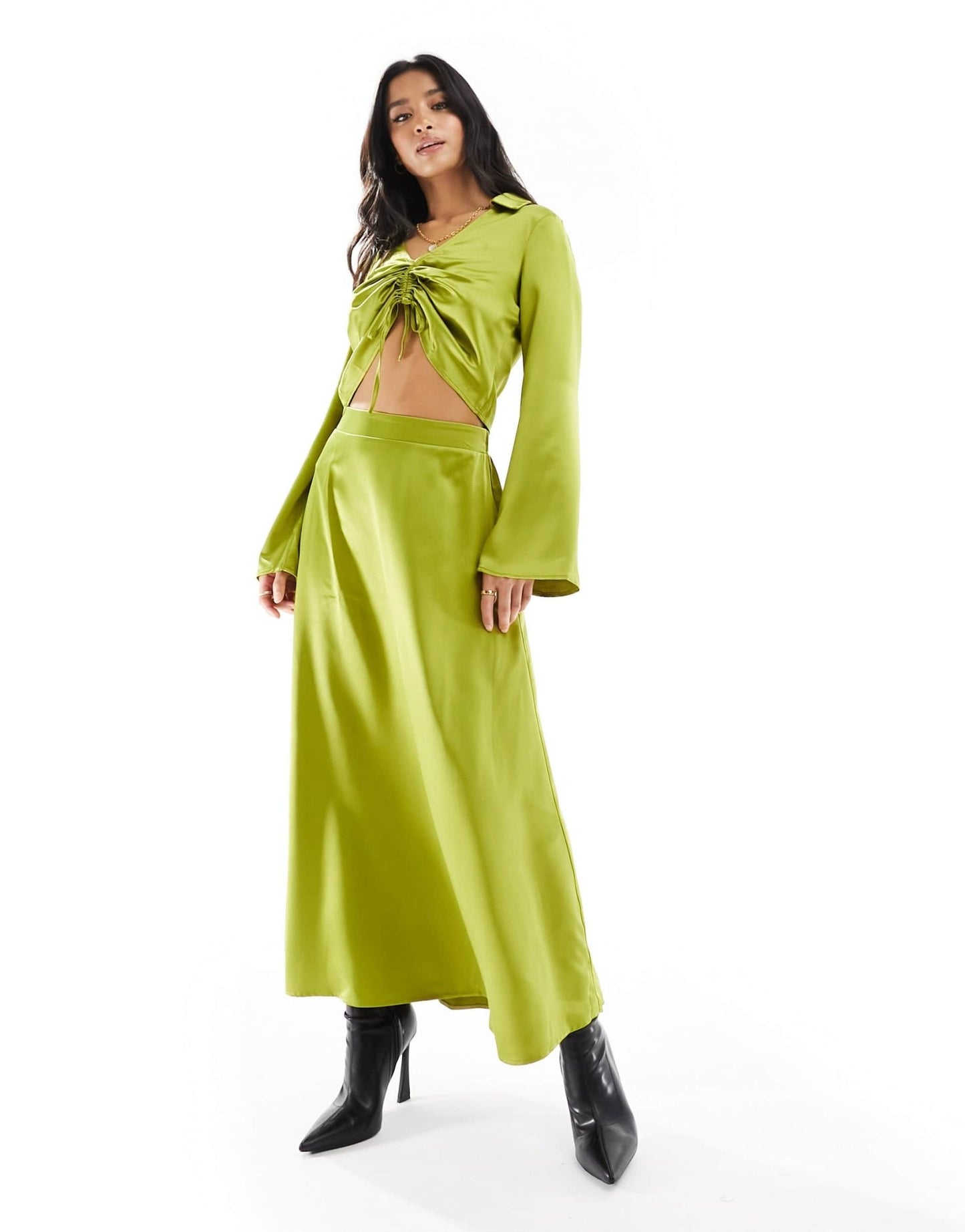 Vero Moda Petite satin ruched front top co - ord in olive - ASOS Sample Sale EU Store