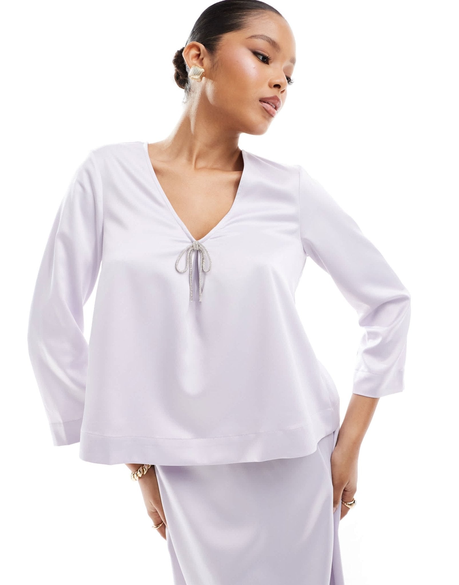 Vero Moda satin top with embellished bow in lavender blue - ASOS Sample Sale EU Store