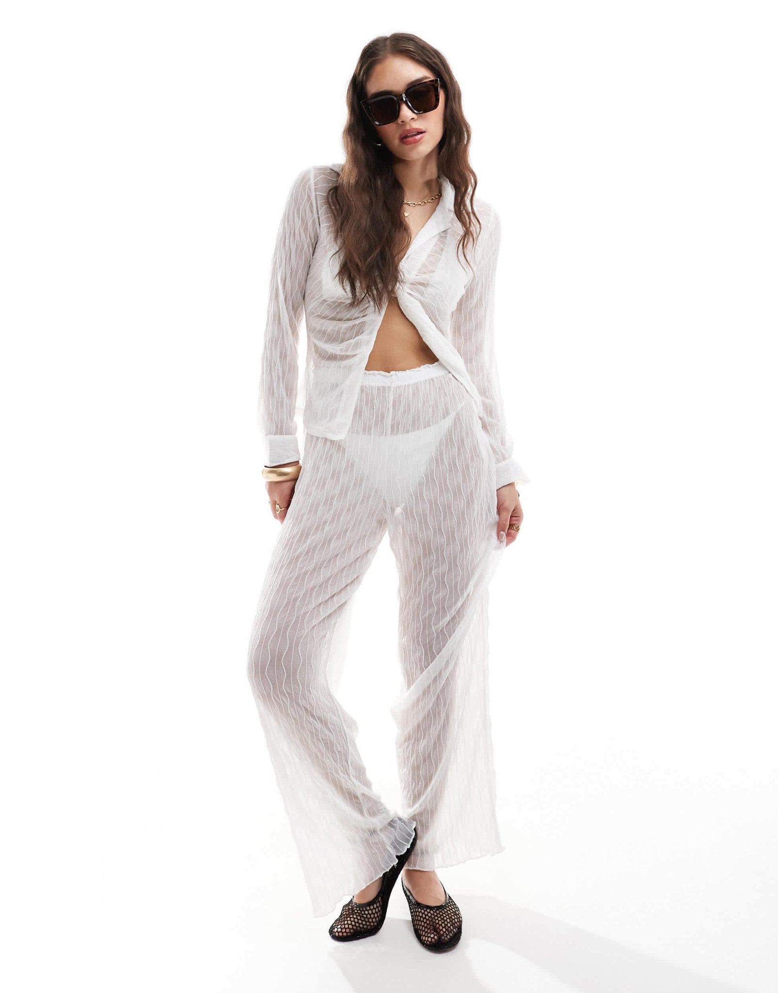 Vero Moda textured sheer beach trouser co - ord in white - ASOS Sample Sale EU Store