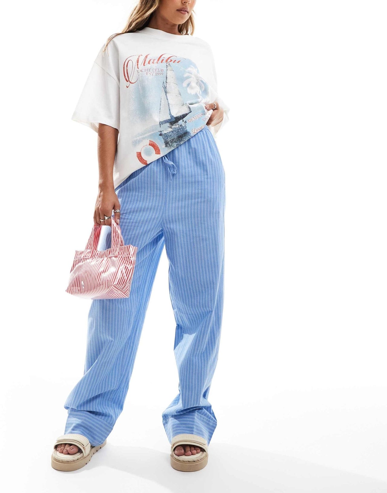 Vero Moda tie waist wide leg trouser co - ord in blue stripe - ASOS Sample Sale EU Store